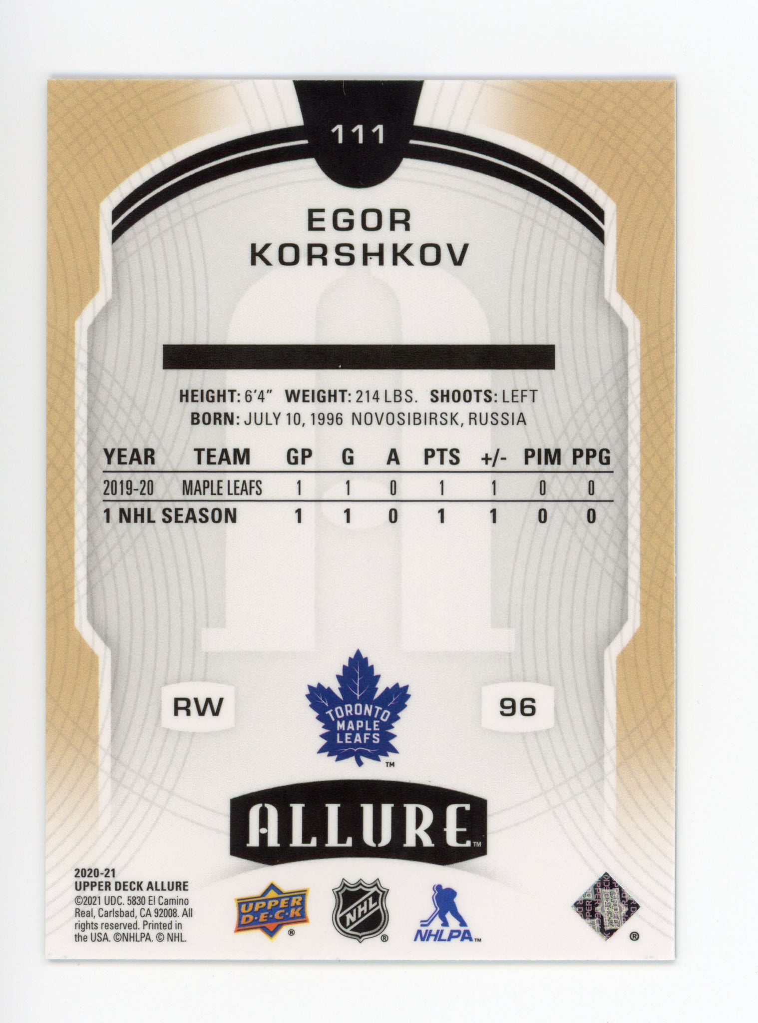 Egor Korshkov Allure 2020-2021 Blue Rookie Toronto Maple Leafs #111
