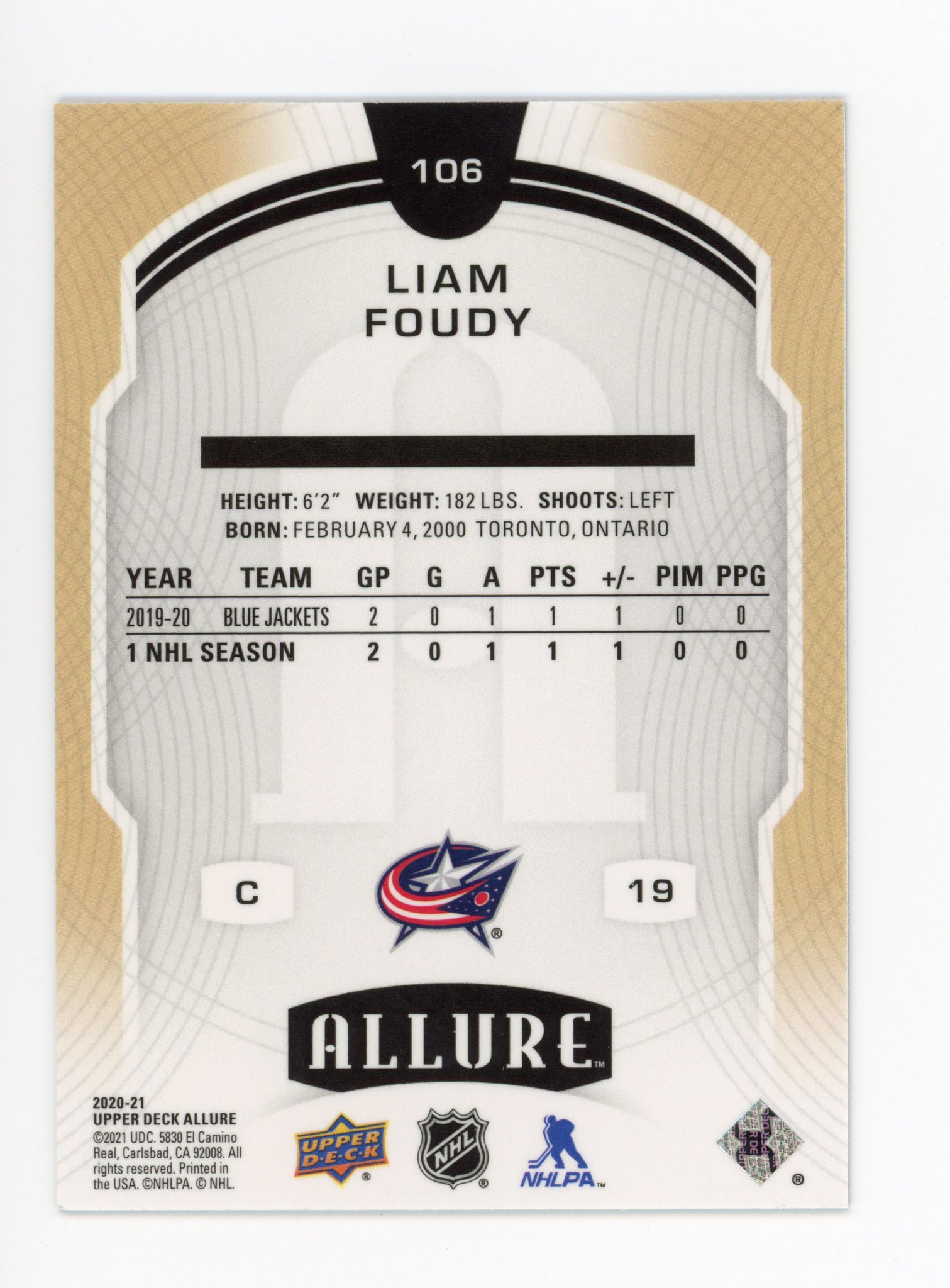 Liam Foudy Allure 2020-2021 Blue Rookie Columbus Blue Jackets # 106