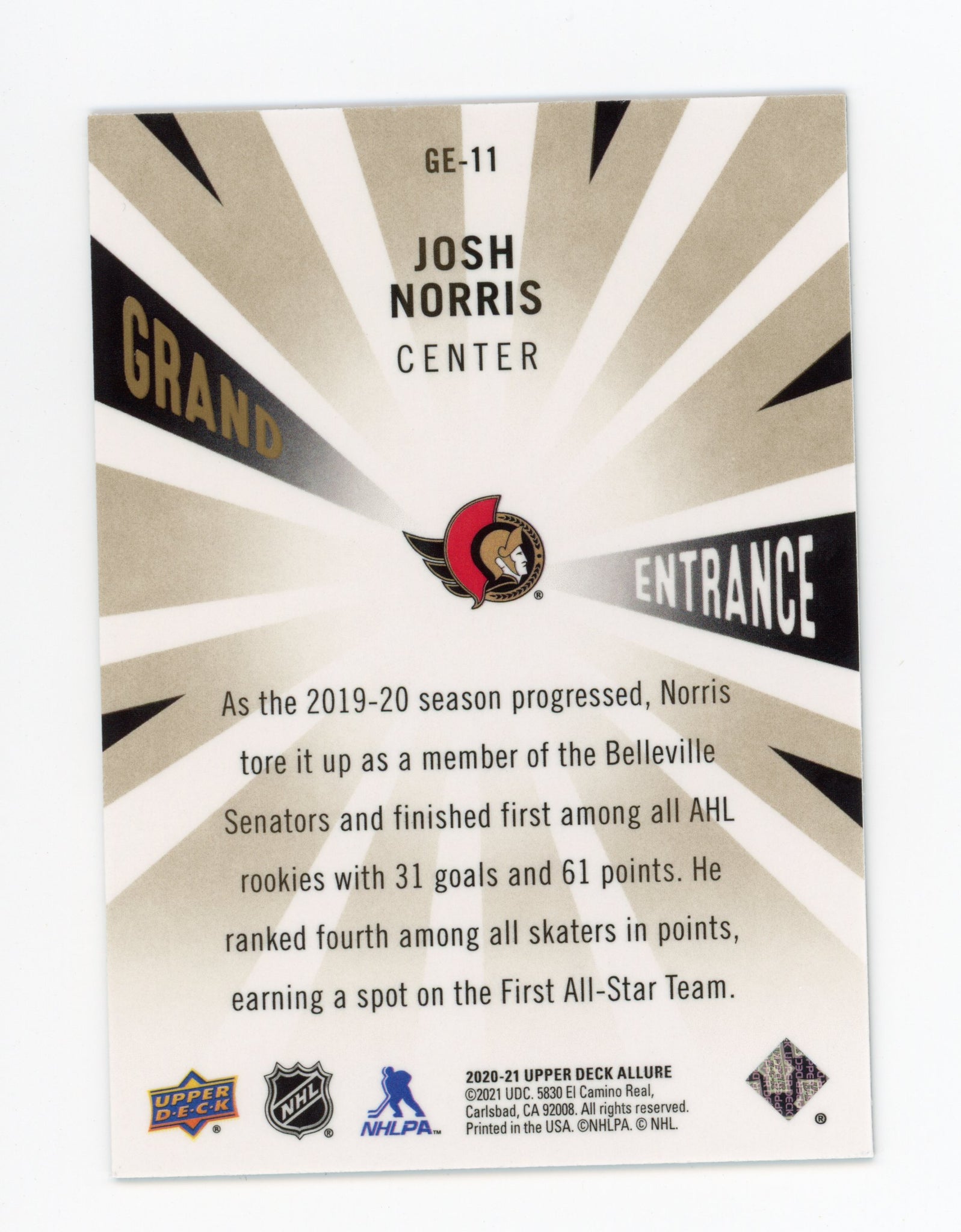 Josh Norris Allure 2020-2021 Grand Entrance Ottawa Senators # GE-11