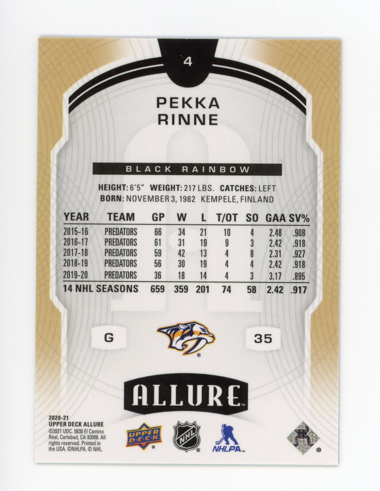 Pekka Rinne Allure 2020-2021 Black Rainbow Nashville Predators # 4