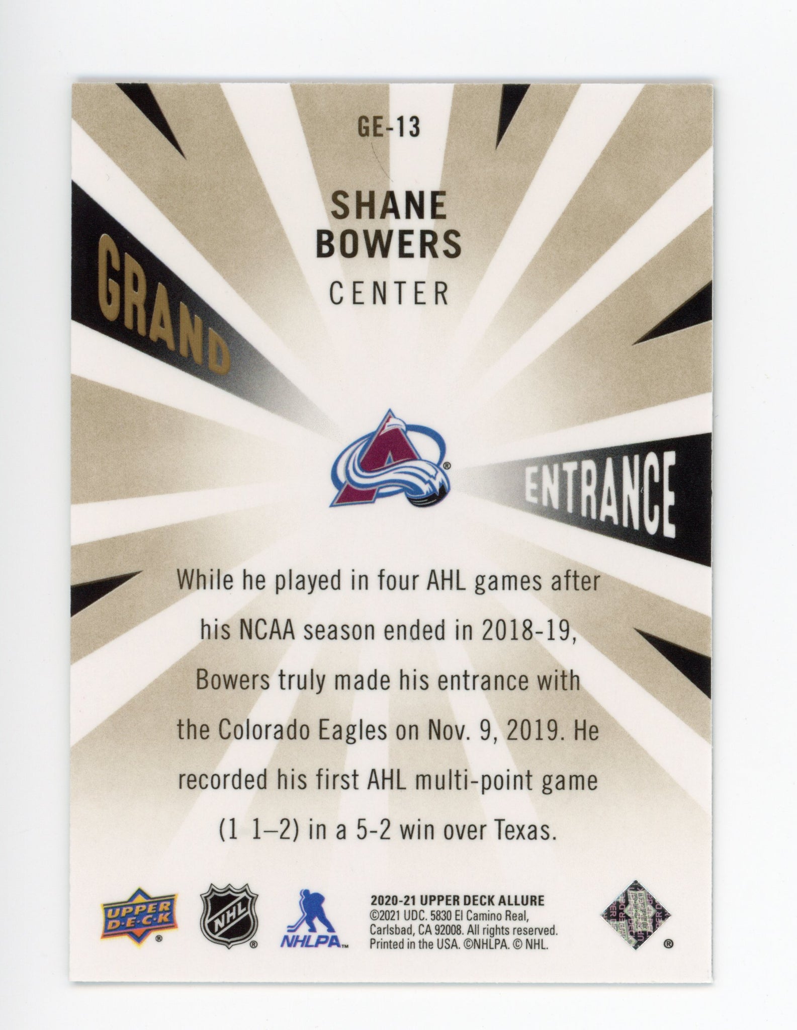 Shane Bowers Allure 2020-2021 Grand Entrance Colorado Avalanche #GE-13