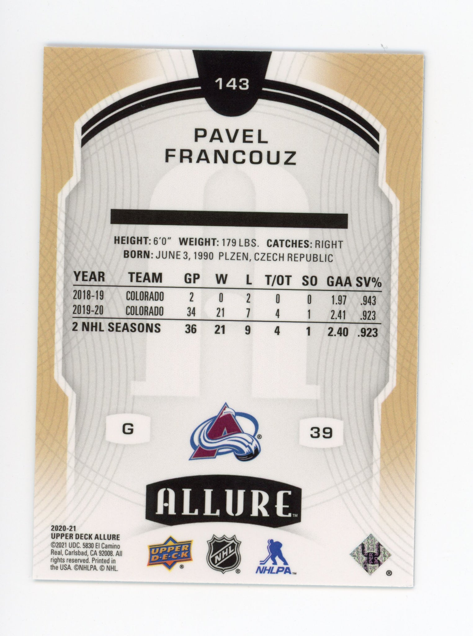 Pavel Francouz Allure 2020-2021 Blue Rookie Colorado Avalanche # 143