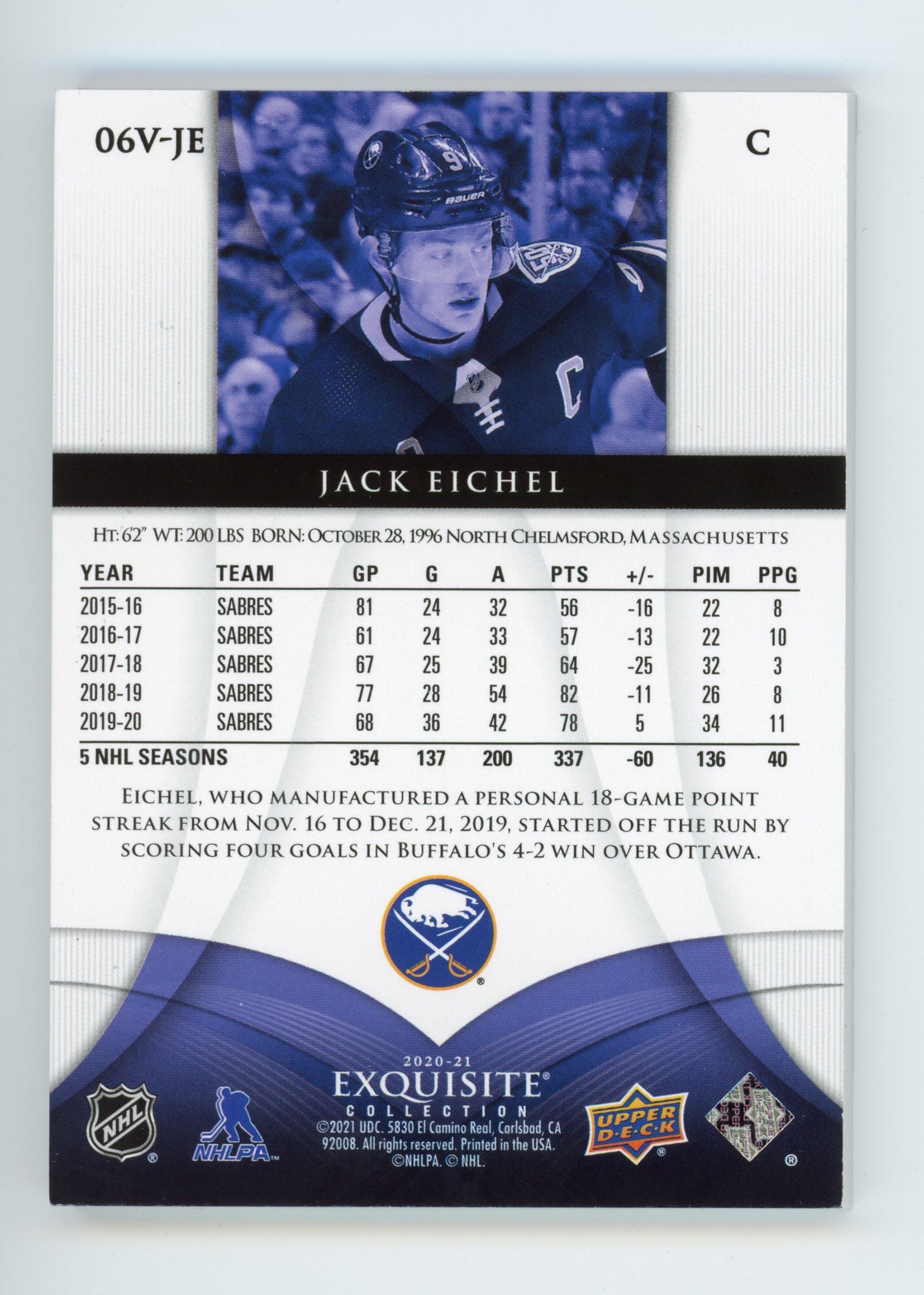 Jack Eichel Exquisite Collection 2020-2021 #d /299 Buffalo Sabres # 06V-JE