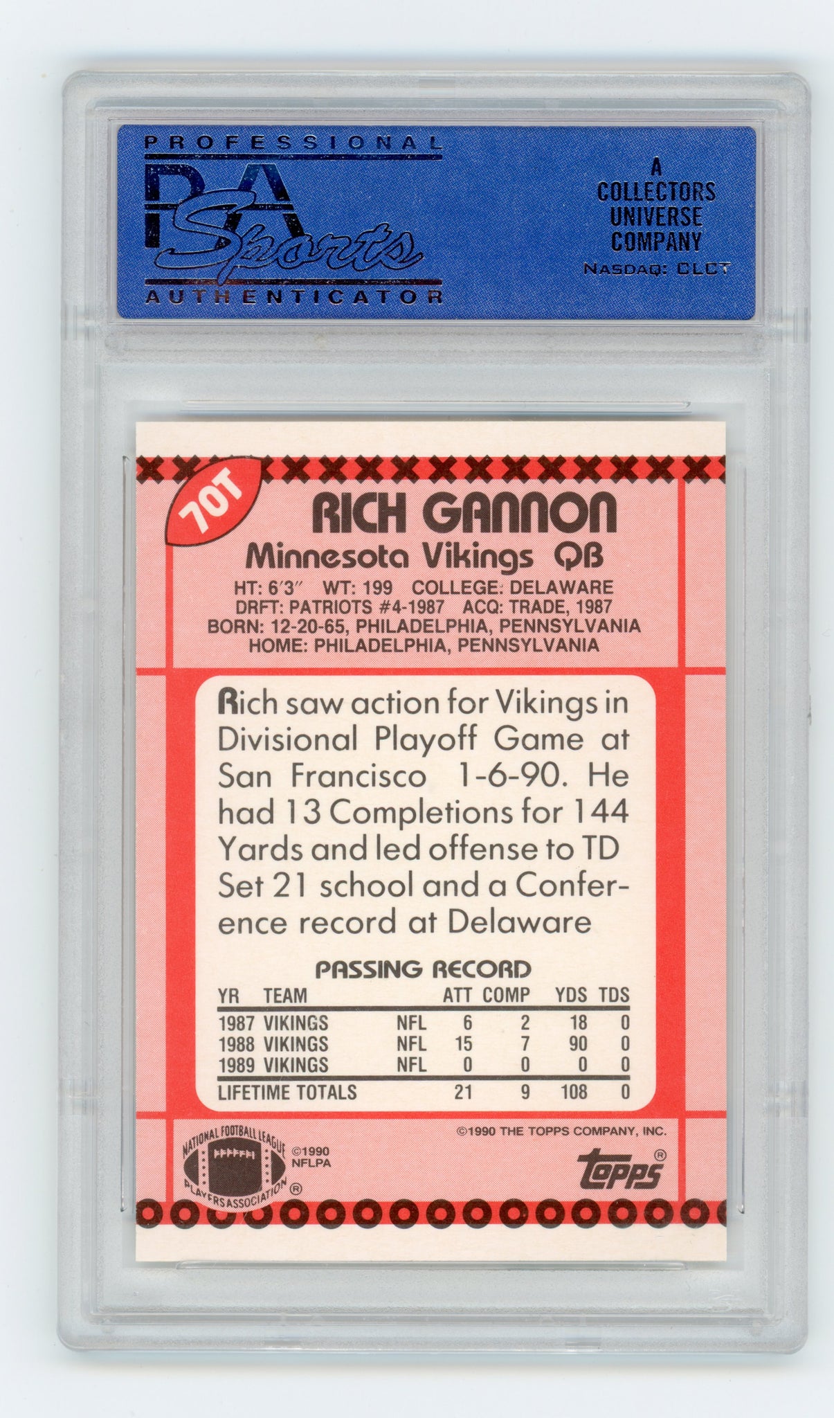 Rich Gannon Topps 1990 Topps Traded Minnesota Vikings #70T PSA 9