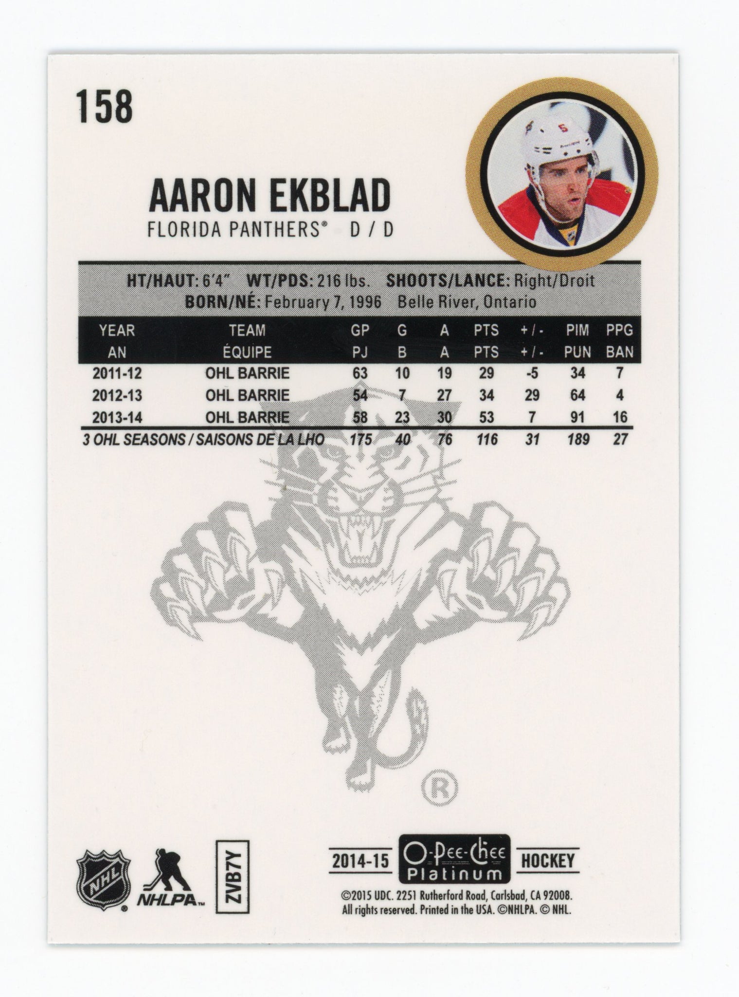 Aaron Ekblad O-Pee-Chee Platinum 2014-2015 Refractor Rainbow Florida Panthers # 158