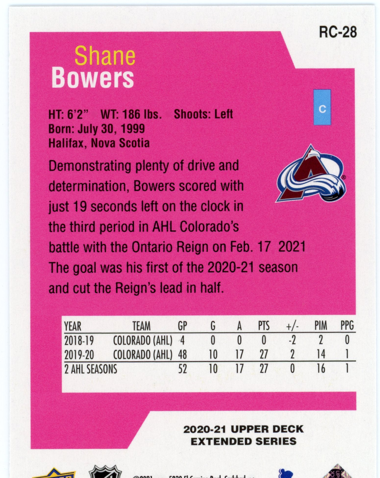 Shane Bowers Upper Deck Rookie Class Colorado Avalanche #RC-28