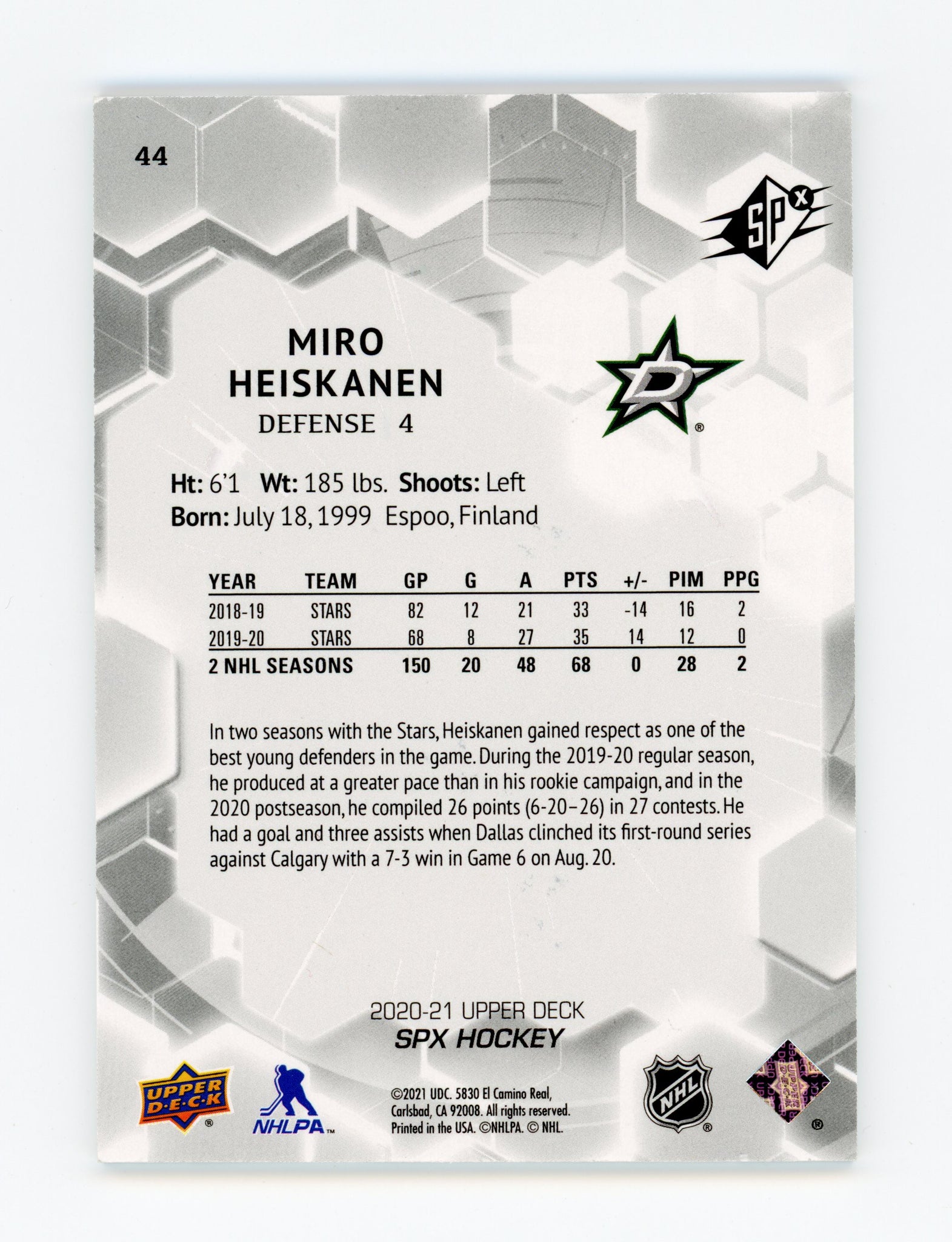 Miro Heiskanen SPX 2020-2021 SPX #d / 299 Dallas Stars # 44