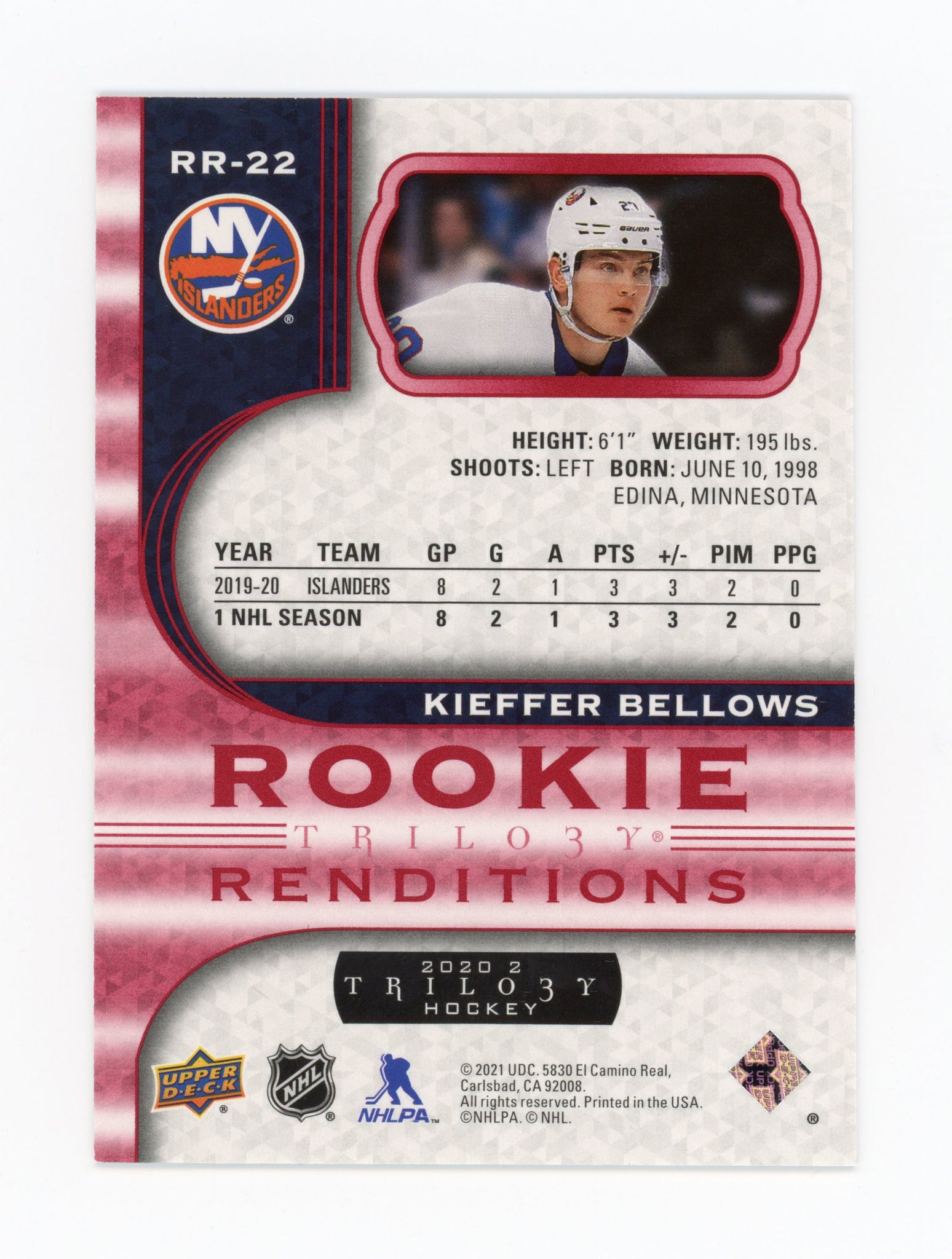 Kieffer Bellows Trilogy 2020-2021 Rookie Renditions #d / 799 New York Islanders #RR-22