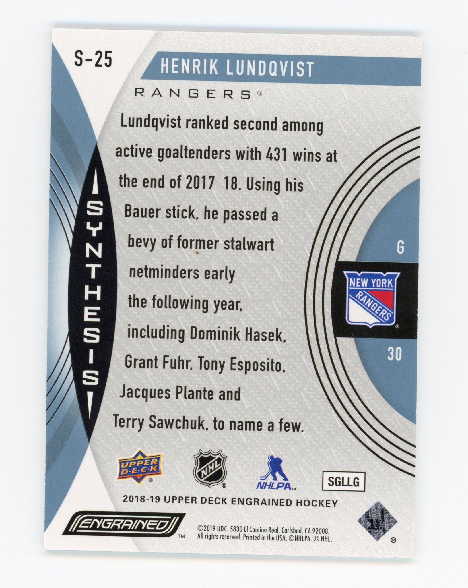 Henrik Lundqvist Engrained 2018-2019 Synthesis New York Rangers # S-25