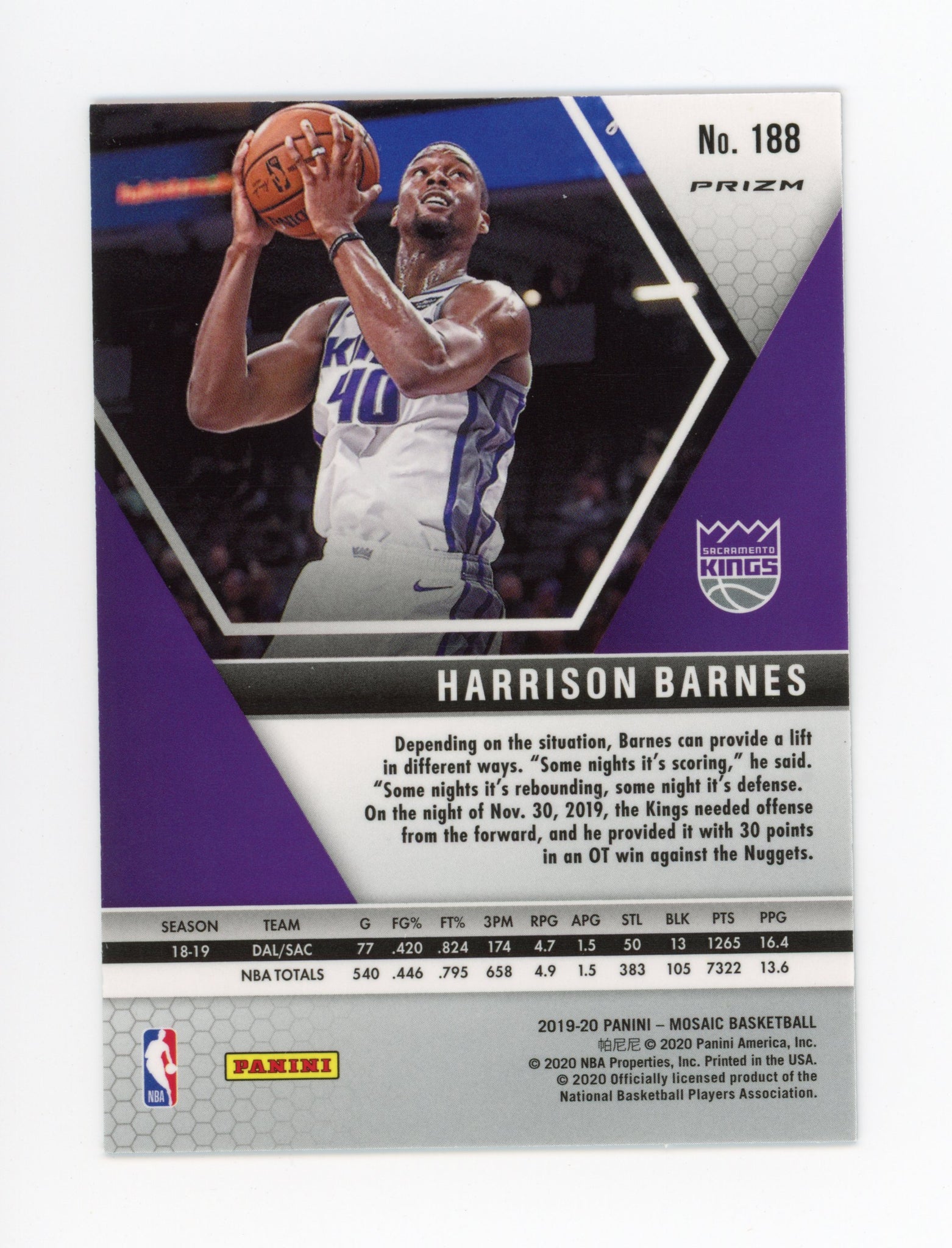 Harrison Barnes Panini 2019-2020 Blue Reactive Mosaic Sacramento Kings # 188