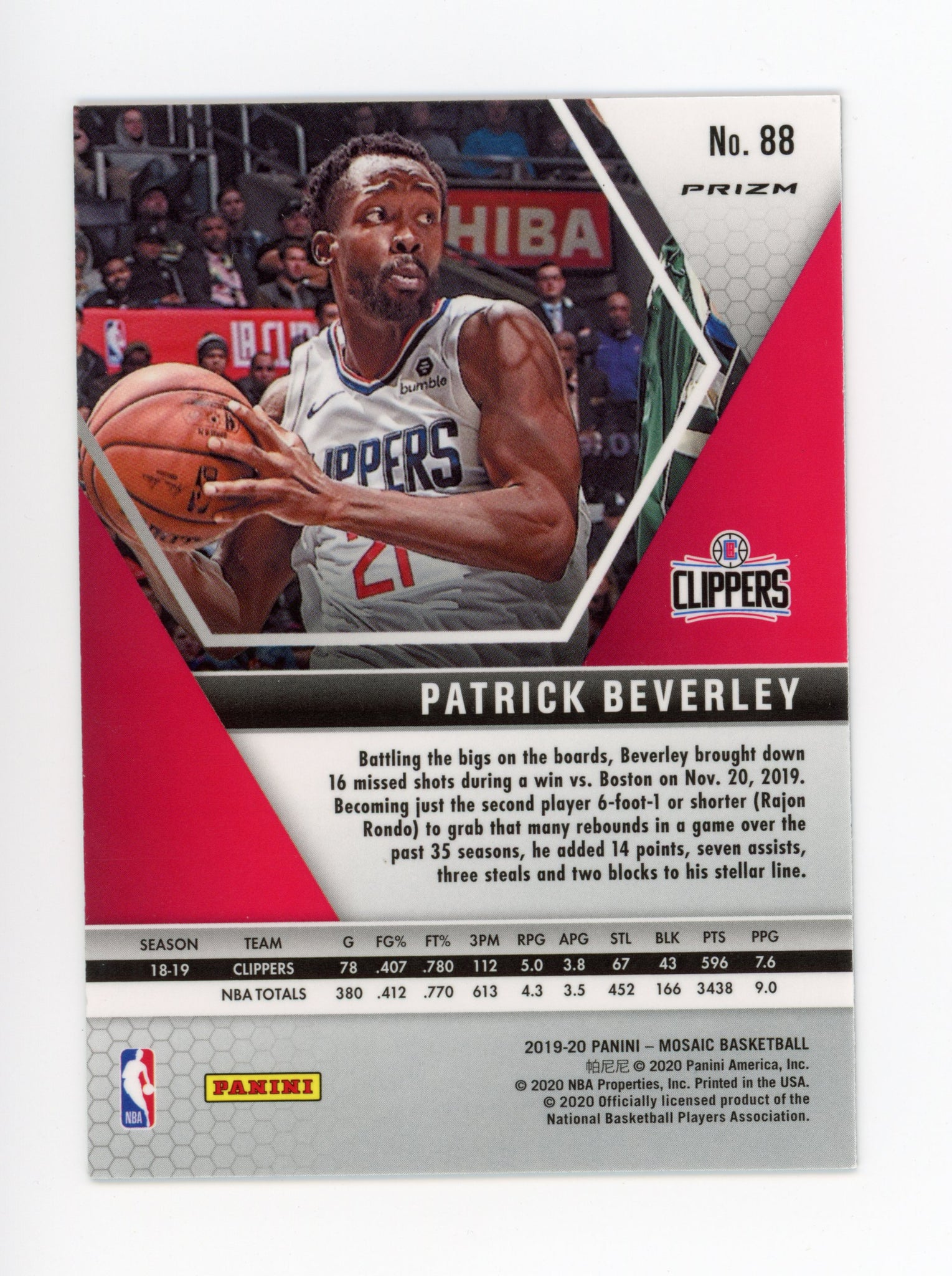 Patrick Beverley Panini 2019-2020 Mosaic Blue Reactive Los Angeles Clippers #88