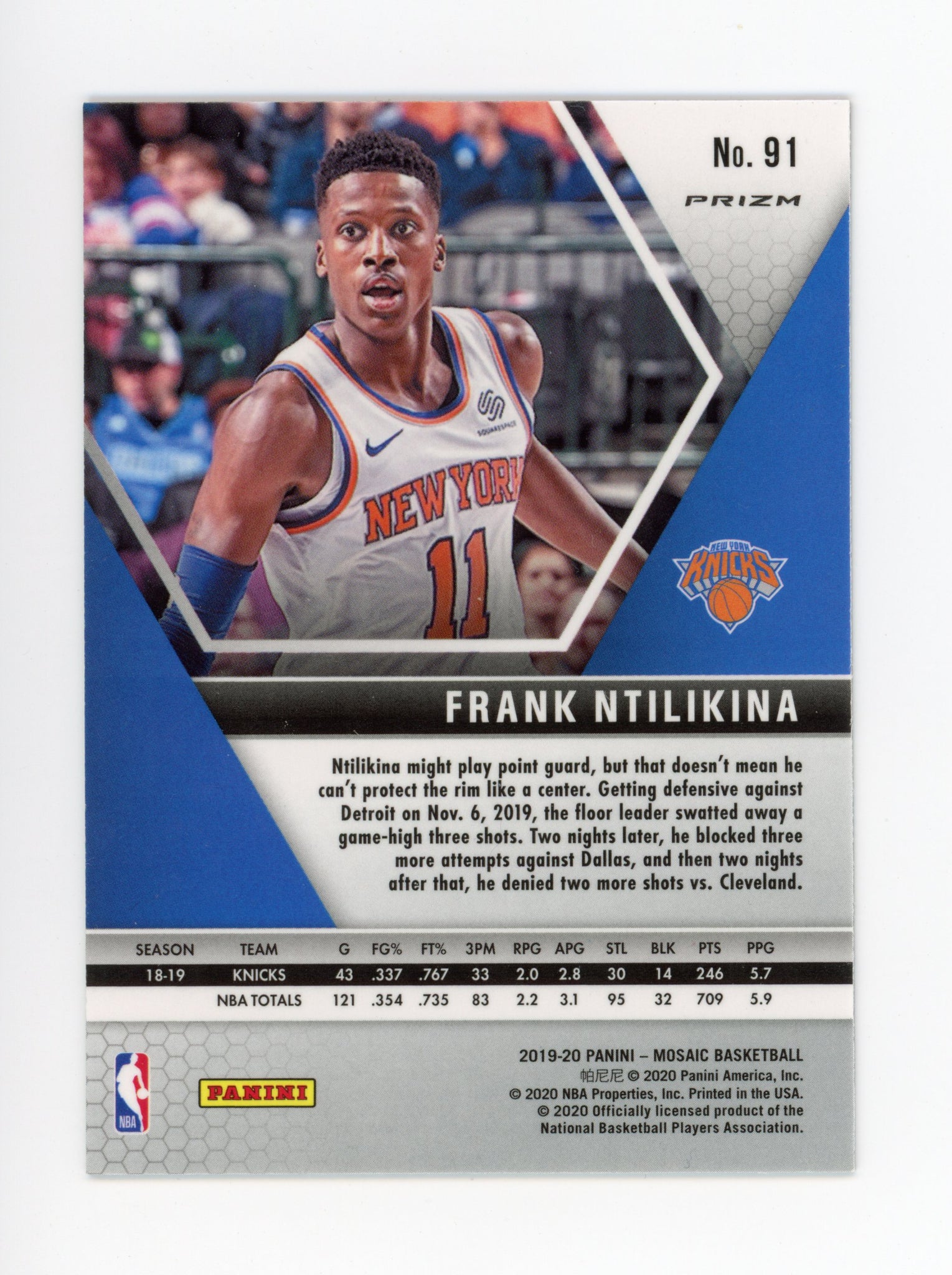 Frank Ntilikina Panini 2019-2020 Mosaic Blue Reactive New York Knicks # 91