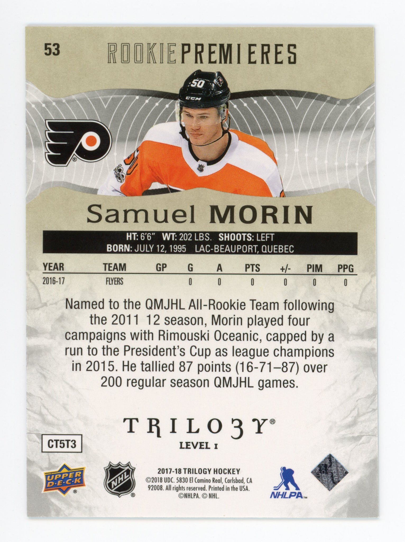 Samuel Morin Trilogy 2017-2018 Rookie Premiers #d /999 Philadelphia Flyers # 53