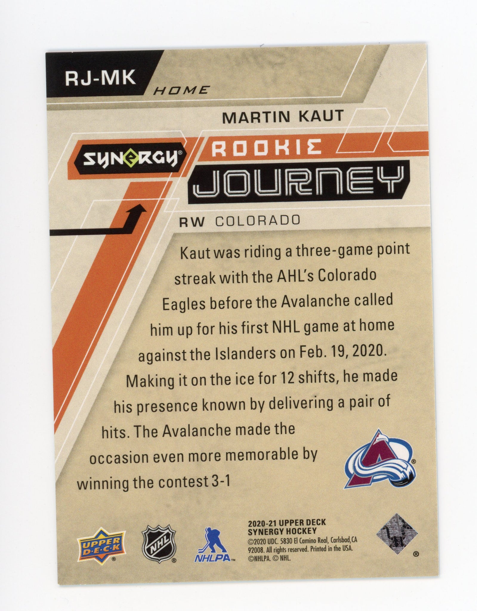 Martin Kaut Synergy 2020-2021 Rookie Journey #d /799 Colorado Avalanche # RJ-MK