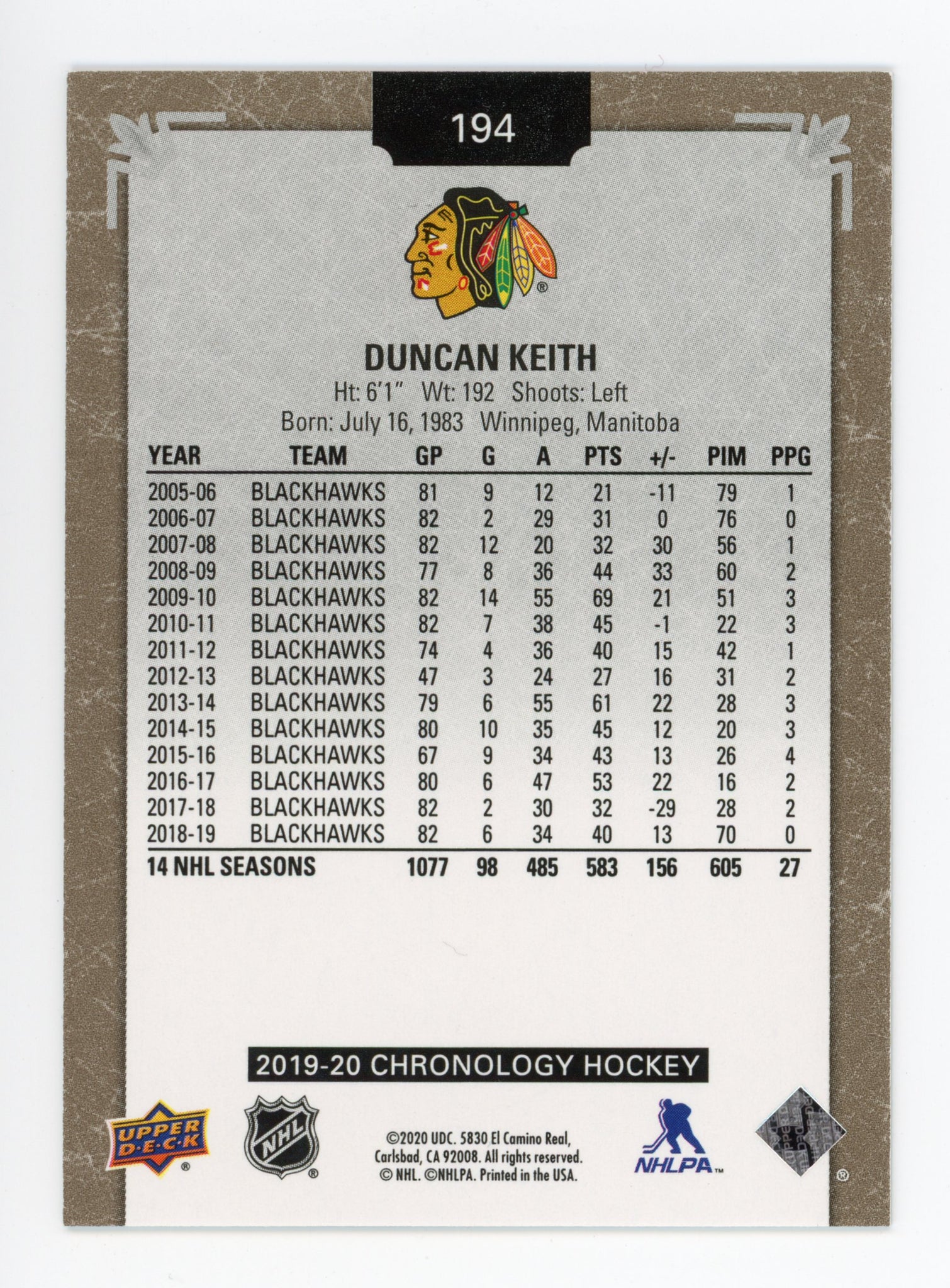 Duncan Keith Upper Deck Chronology #d /222 Chicago Blackhawks # 194
