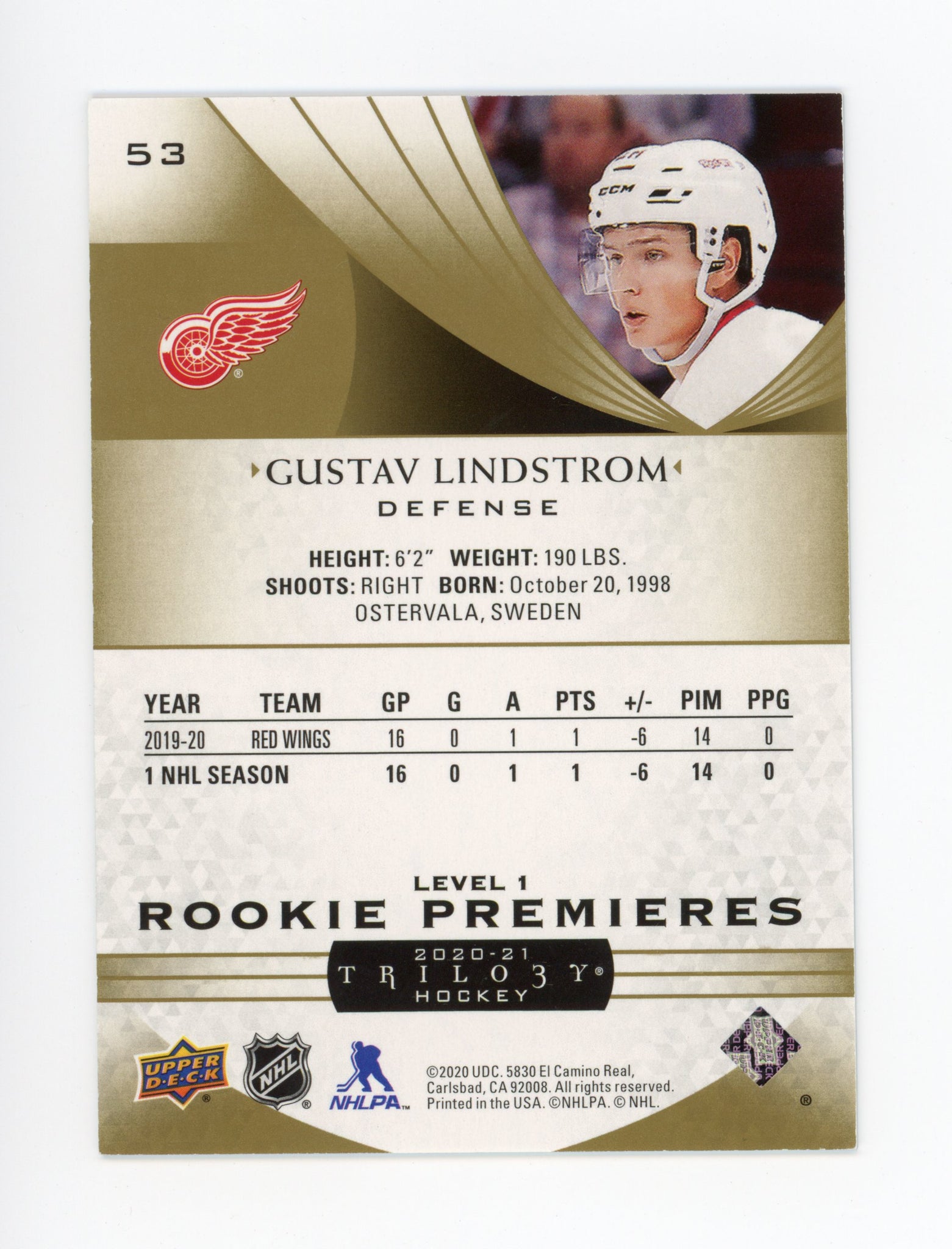 Gustav Lindstrom Trilogy 2020-2021 Rookie Premiers #d /999 Detroit Red Wings # 53