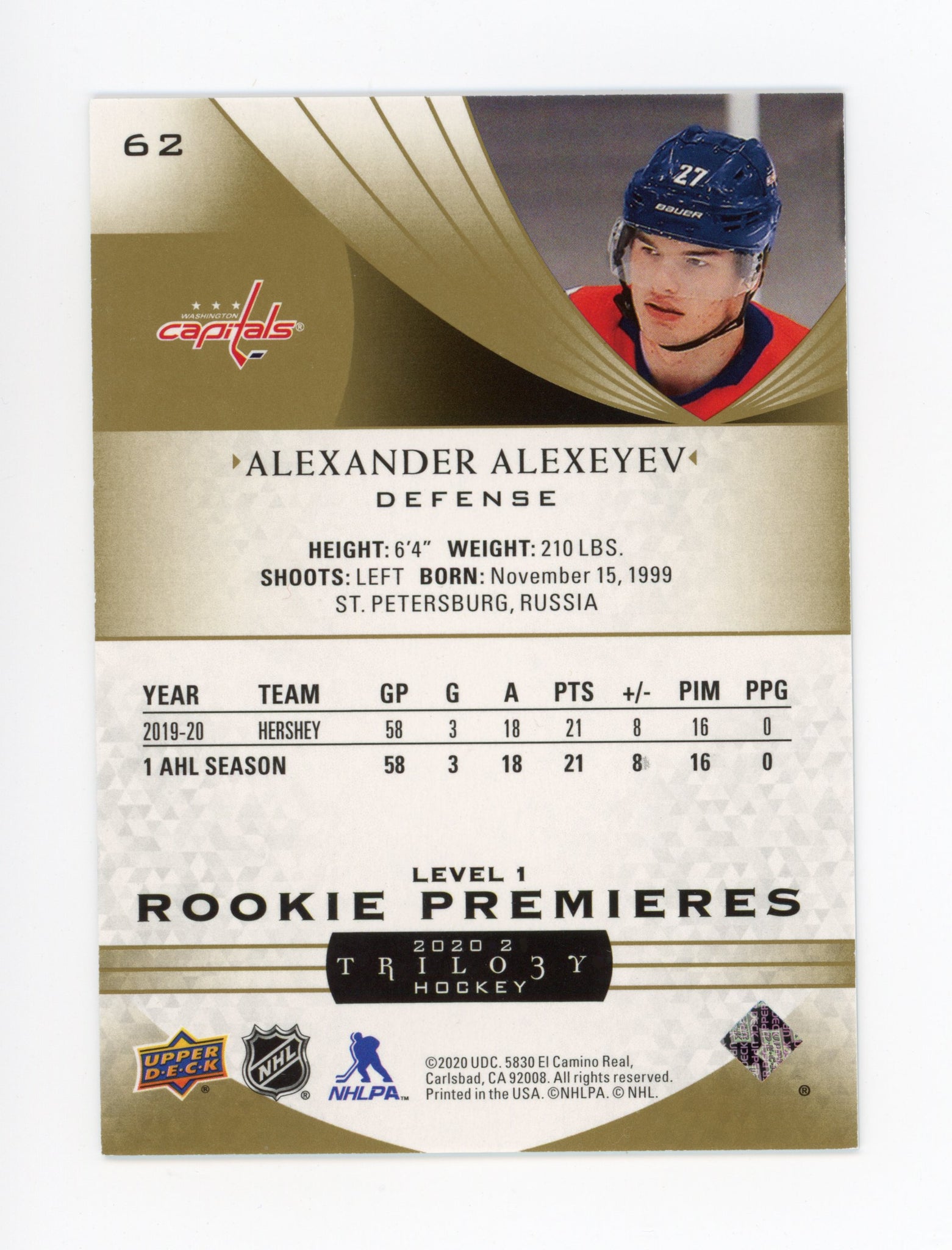 Alexander Alexeyev Trilogy 2020-2021 Rookie Premiers #d /999 Washington Capitals # 62
