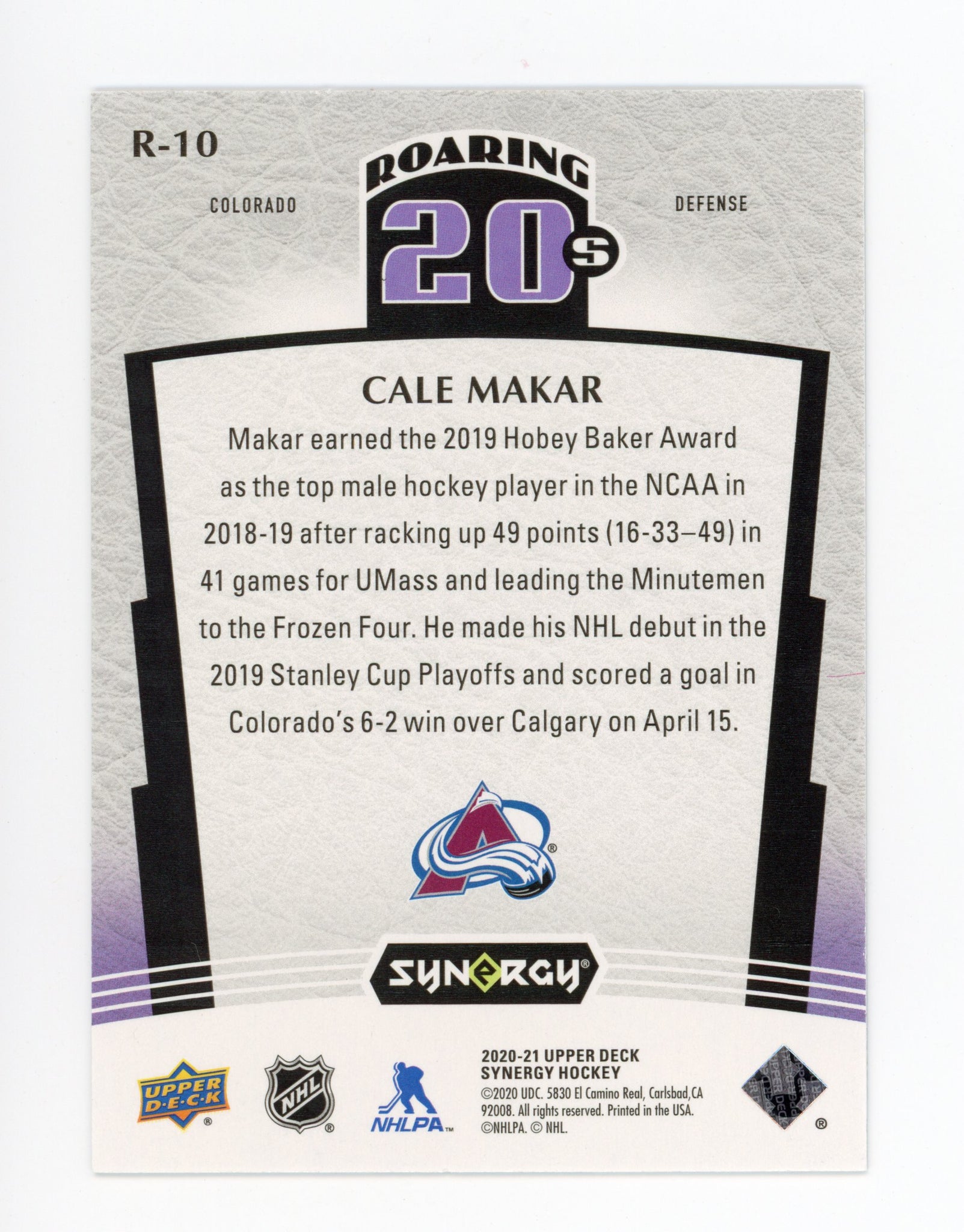 Cale Makar Synergy 2020-2021 Roaring 20's Colorado Avalanche # R-10