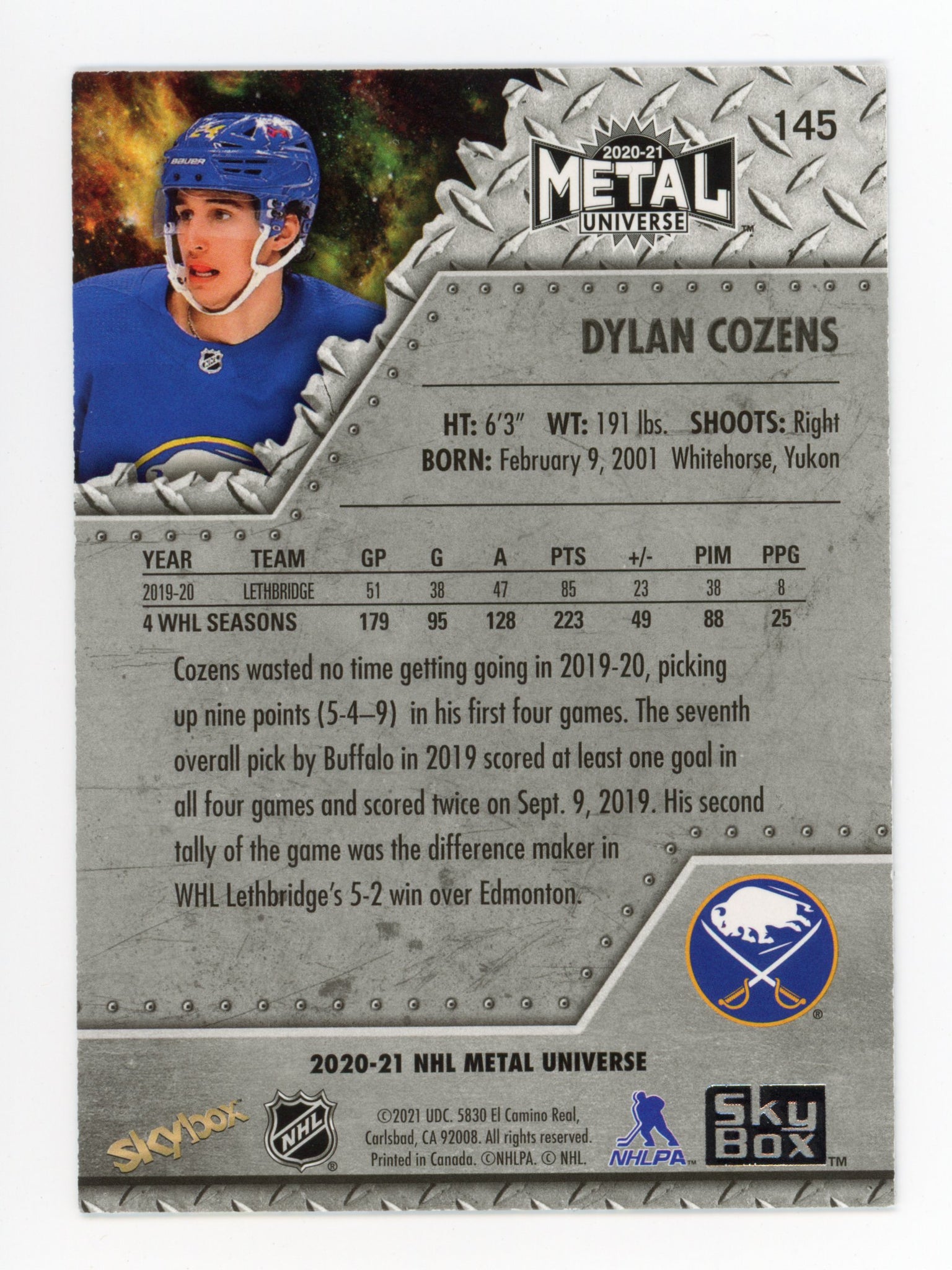 Dylan Cozens Metal Universe 2020-2021 Rookie Buffalo Sabres # 145