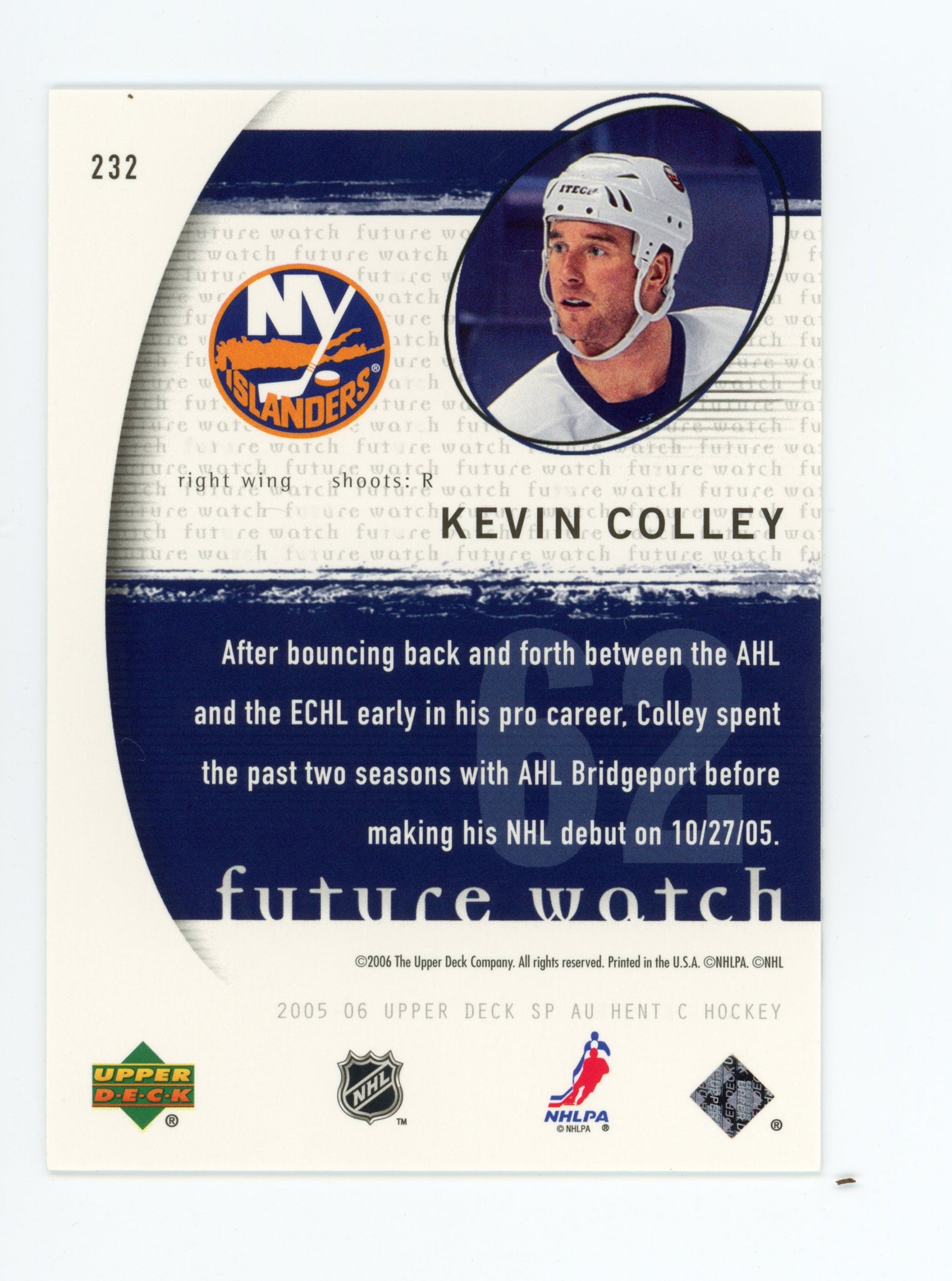 Kevin Colley SP Authentic 2005-2006 #d / 1999 Future Watch New York Islanders # 232