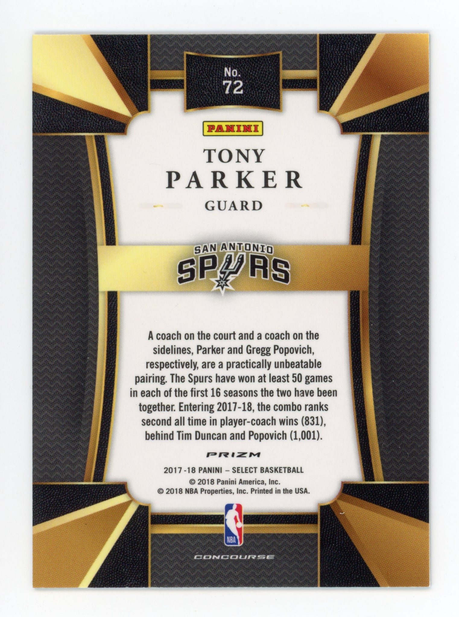 Tony Parker Select 2017-2018 Concourse Scope San Antonio Spurs #72