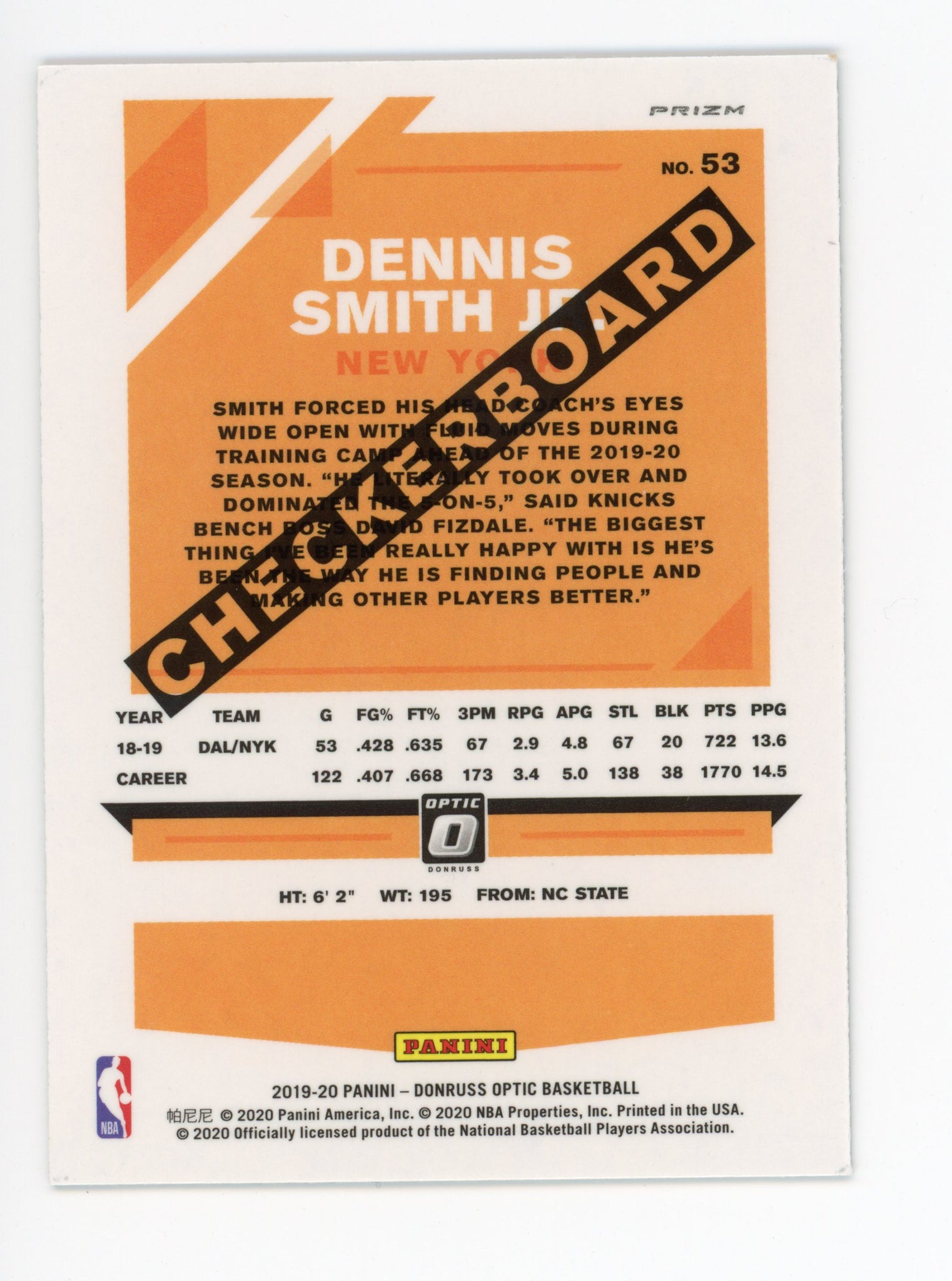 Dennis Smith JR. Panini 2019-2020 Optic Checkerboard New York Knicks # 53