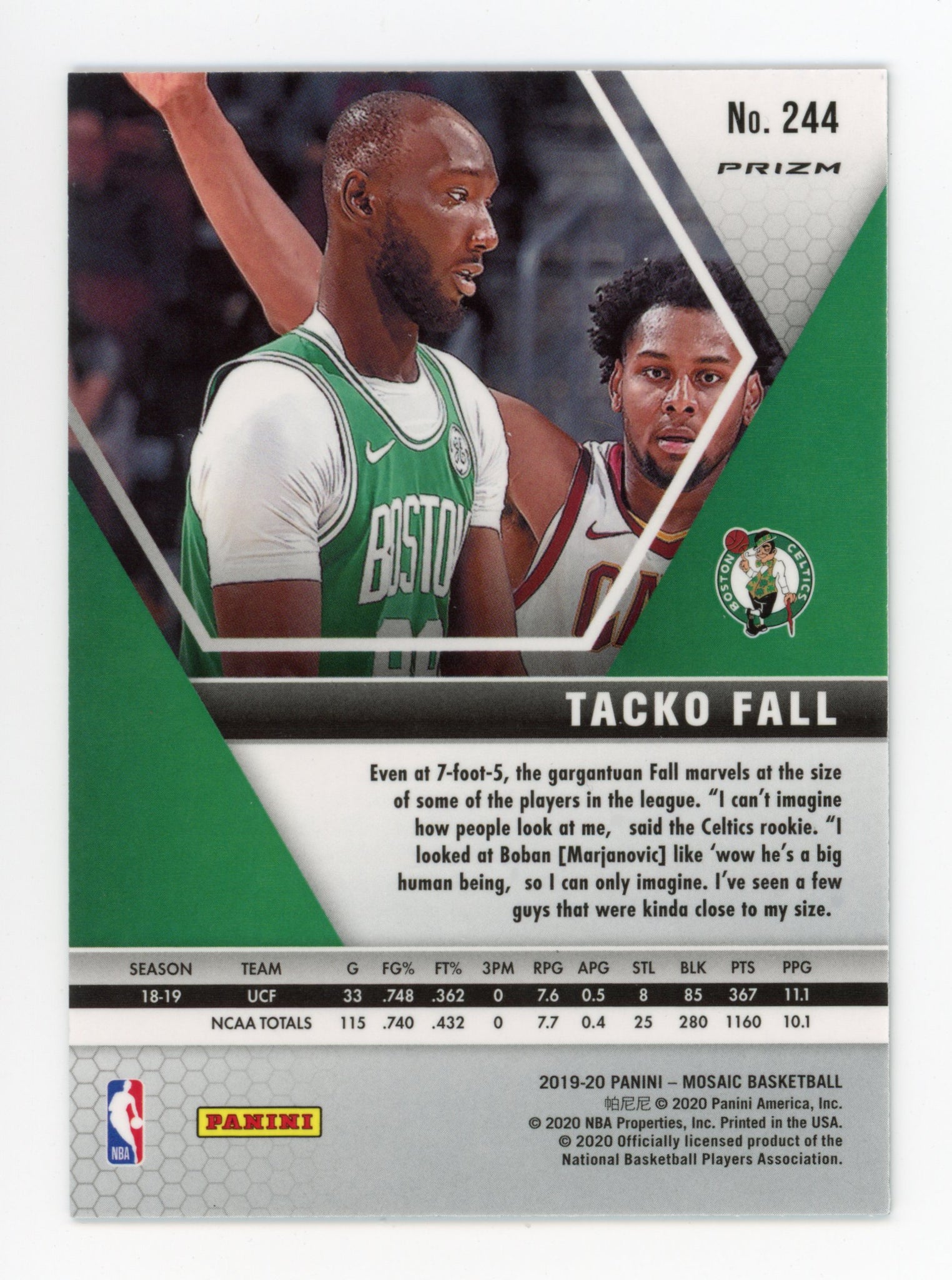 Tacko Fall Panini 2019-2020 Mosaic Green Prizm Boston Celtics # 244