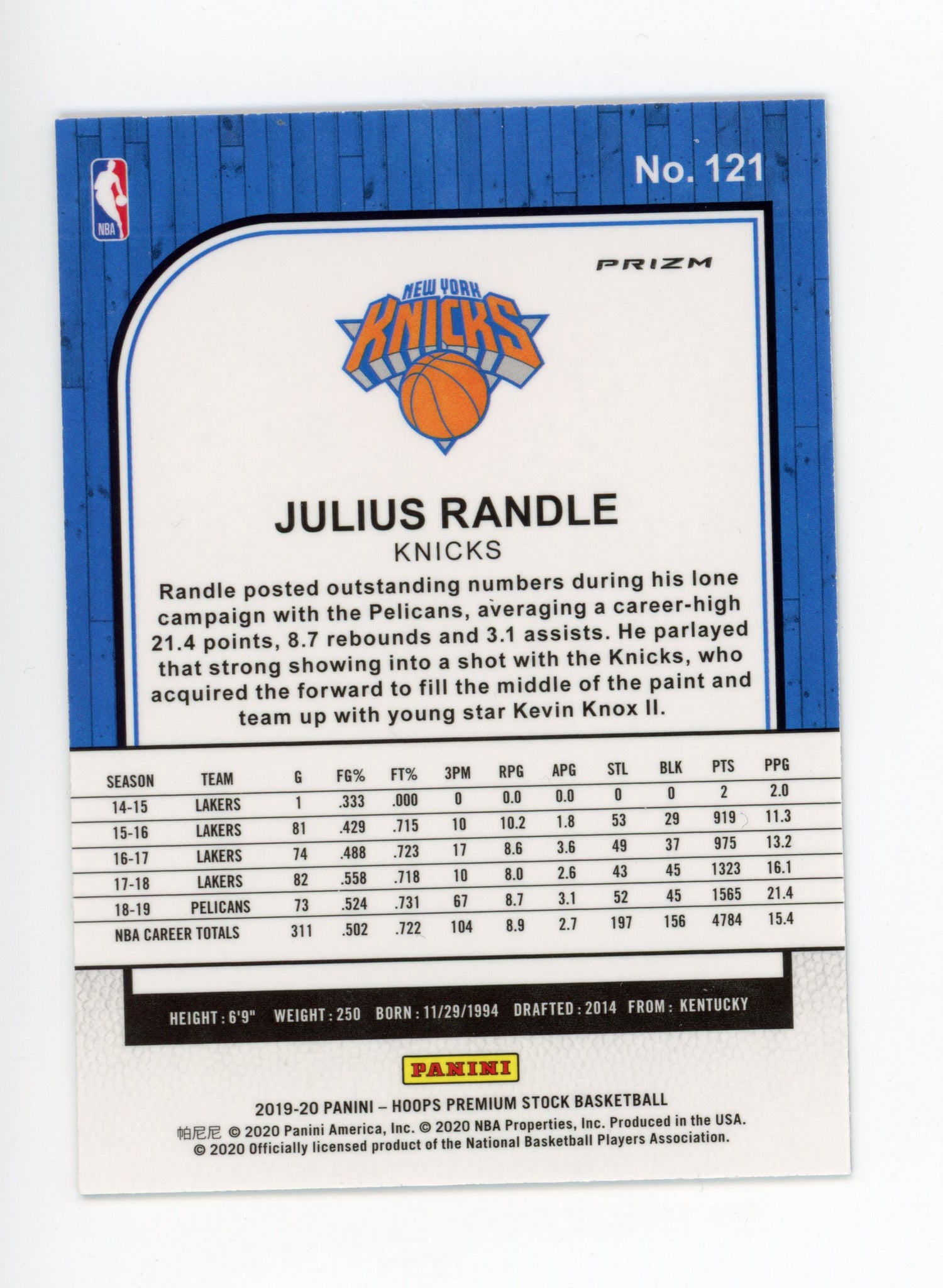 Julius Randle Panini 2019-2020 NBA Hoops Lazer New York Knicks #121