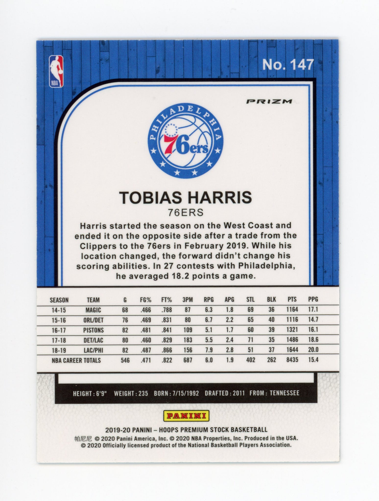Tobias Harris Panini 2019-2020 NBA Hoops Disco Prizm Philadelphia 76er's # 147