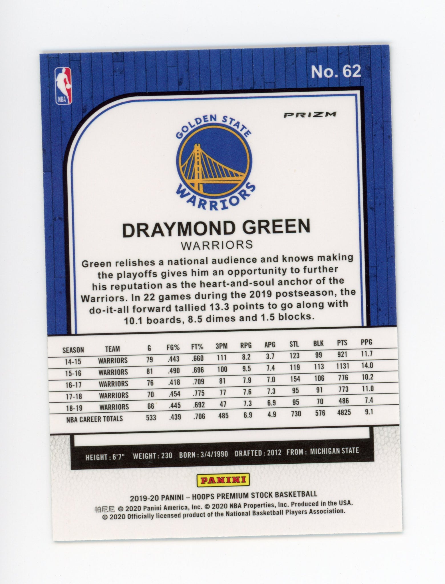 Draymond Green Panini 2019-2020 NBA Hoops  Golden State Warriors #62