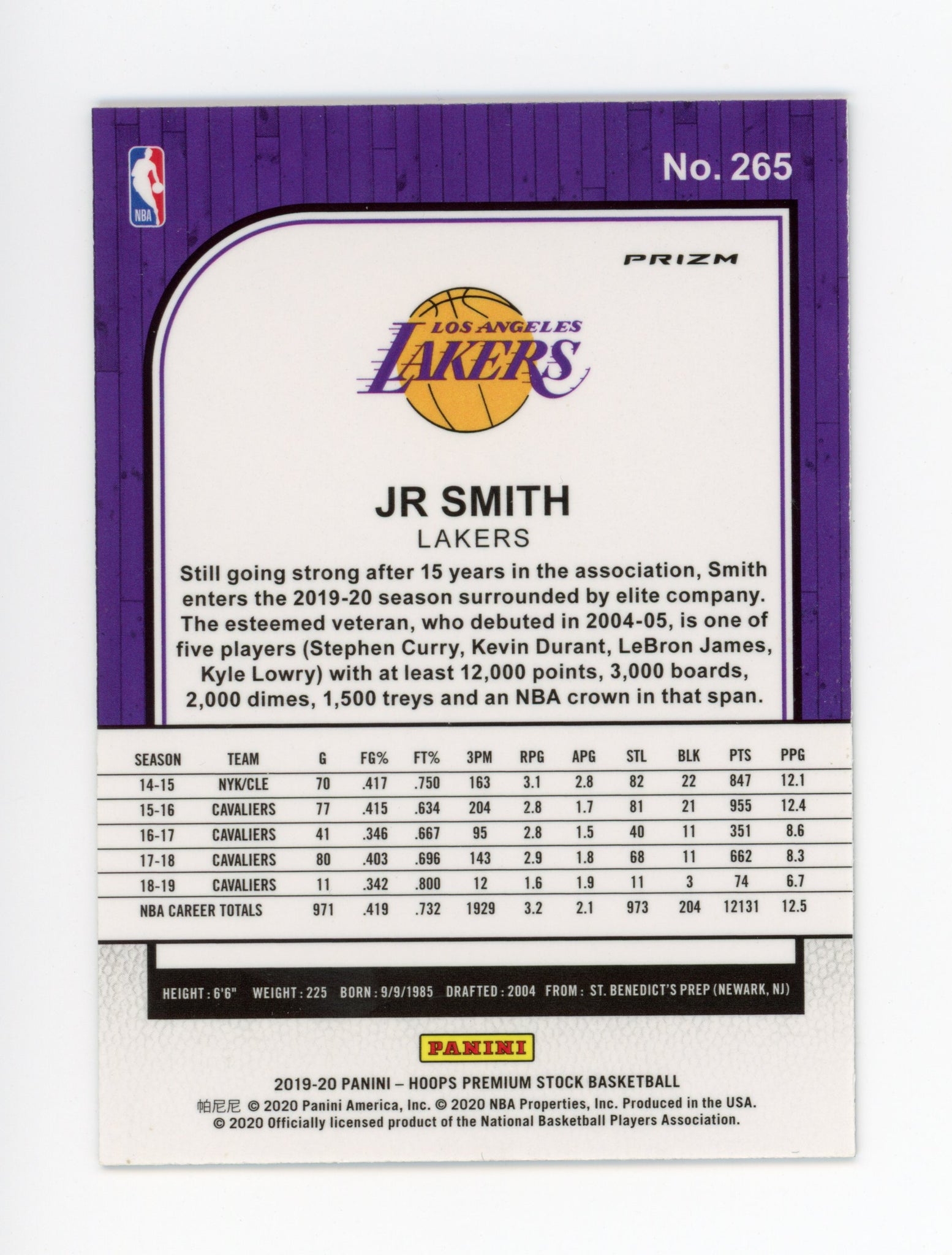JR Smith Panini 2019-2020 NBA Hoops Lazer Los Angeles Lakers #265