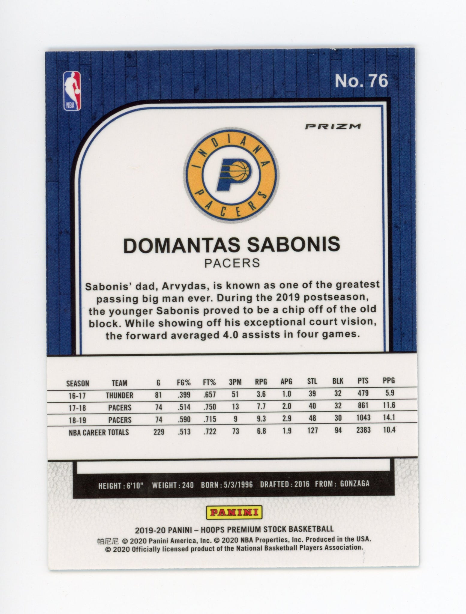Domantas Sabonis Panini 2019-2020 NBA Hoops Disco Indiana Pacers # 76