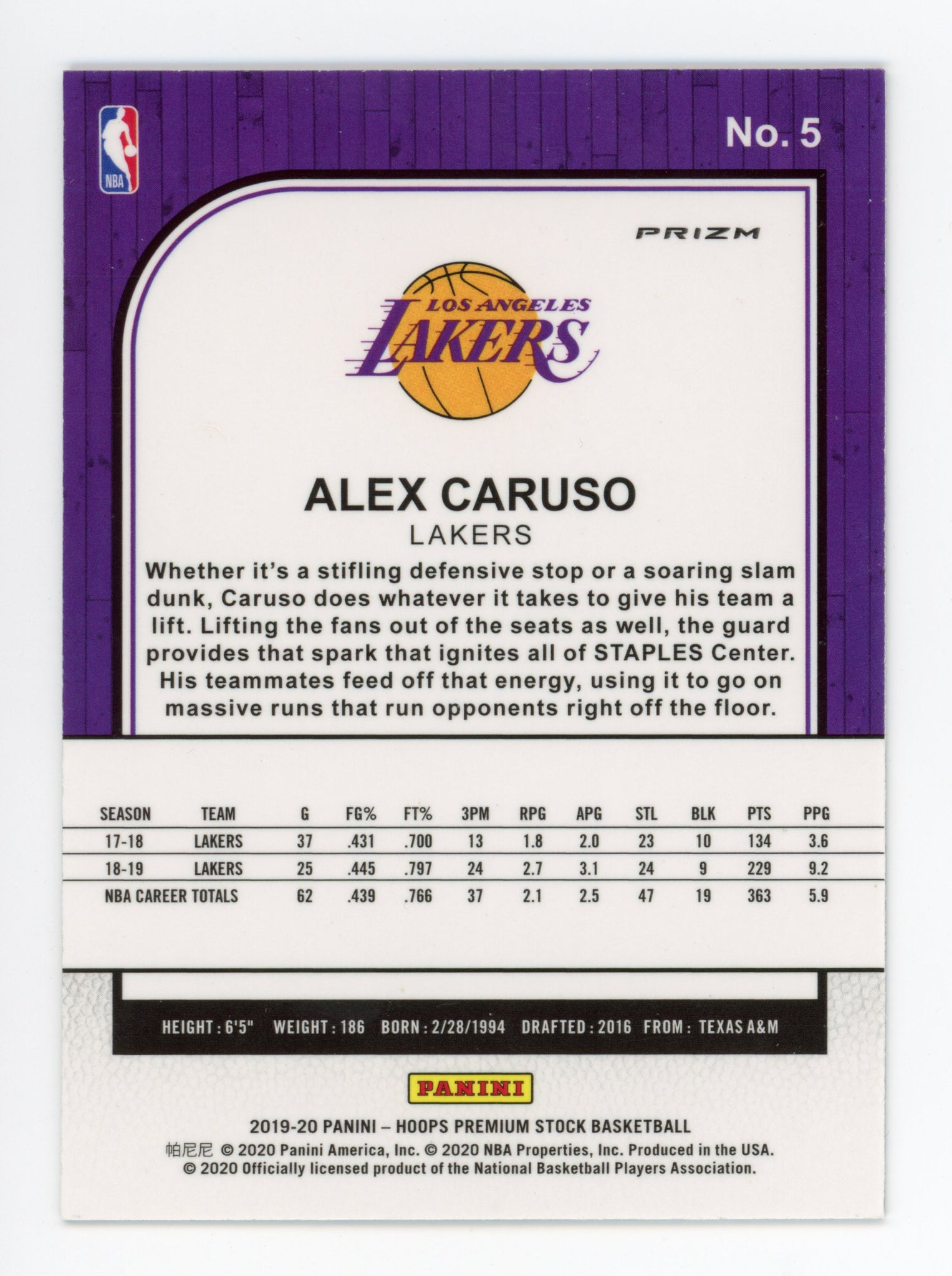 Alex Caruso Panini 2019-2020 NBA Hoops Silver Flash Los Angeles Lakers #5