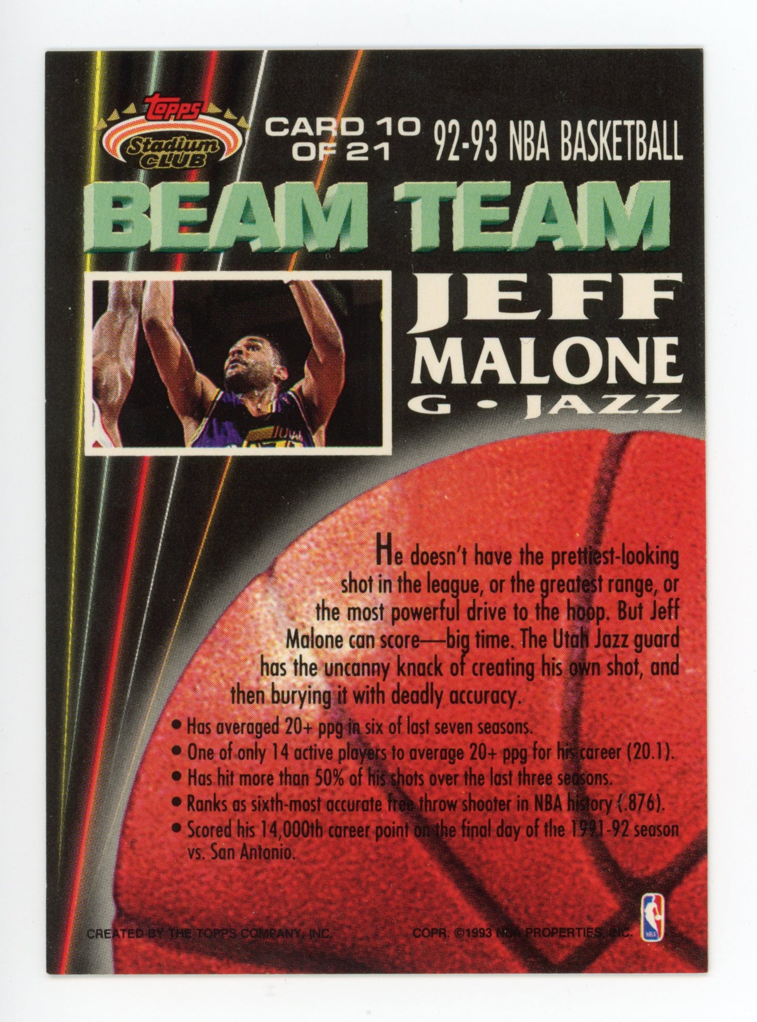 Jeff Malone Topps 1992-1993 Stadium Club Beam Team Utah Jazz