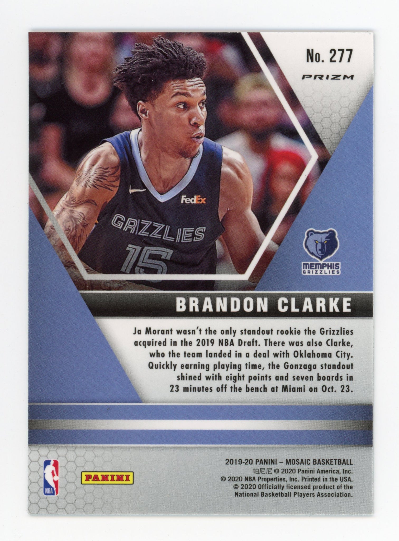 Brandon Clarke Panini 2019-2020 Mosaic NBA Debut Silver Prizm Memphis Grizzlies #277