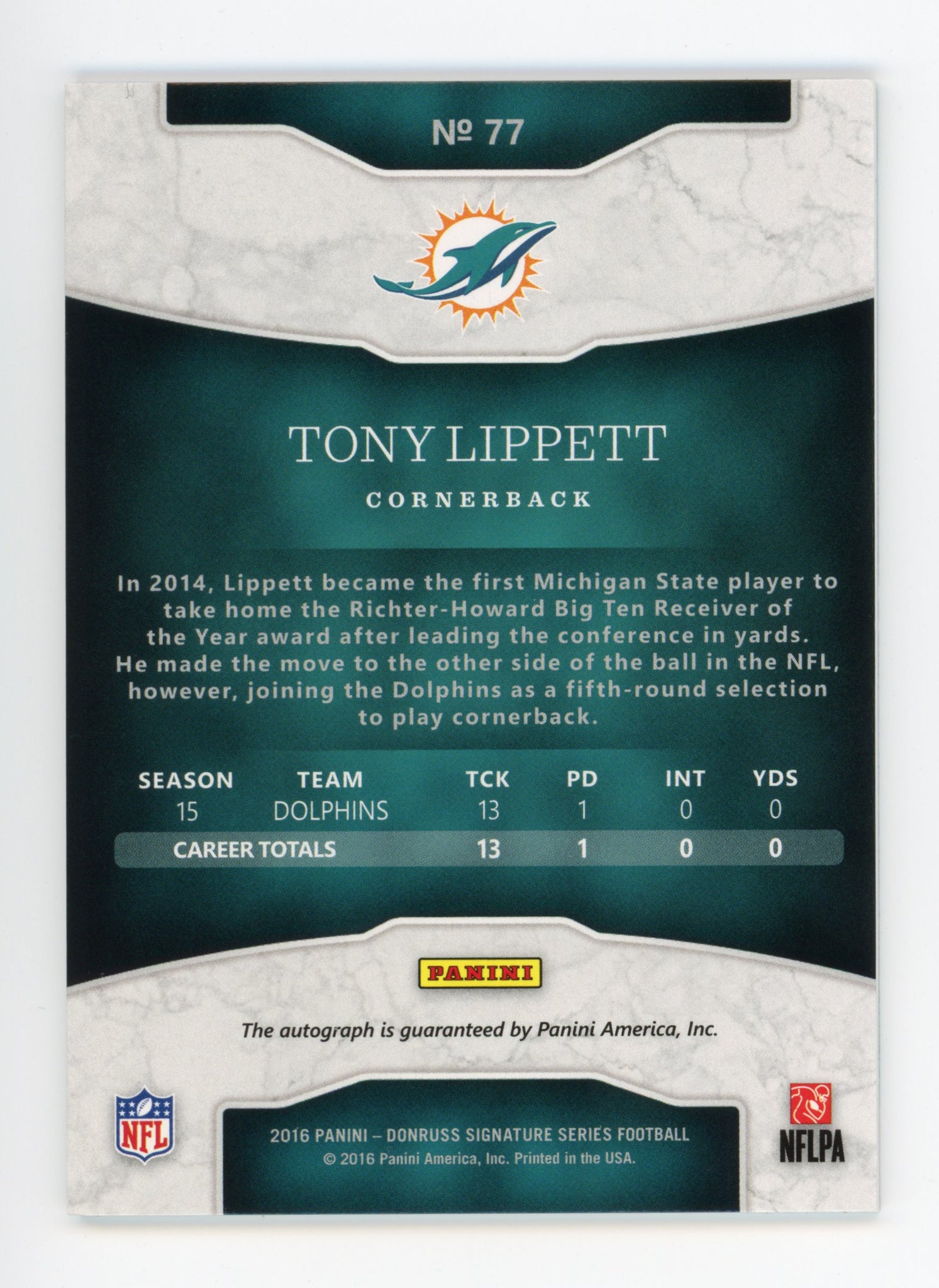 Tony Lippett Panini 2016 Signature Series Autographed Miami Dolphins #77