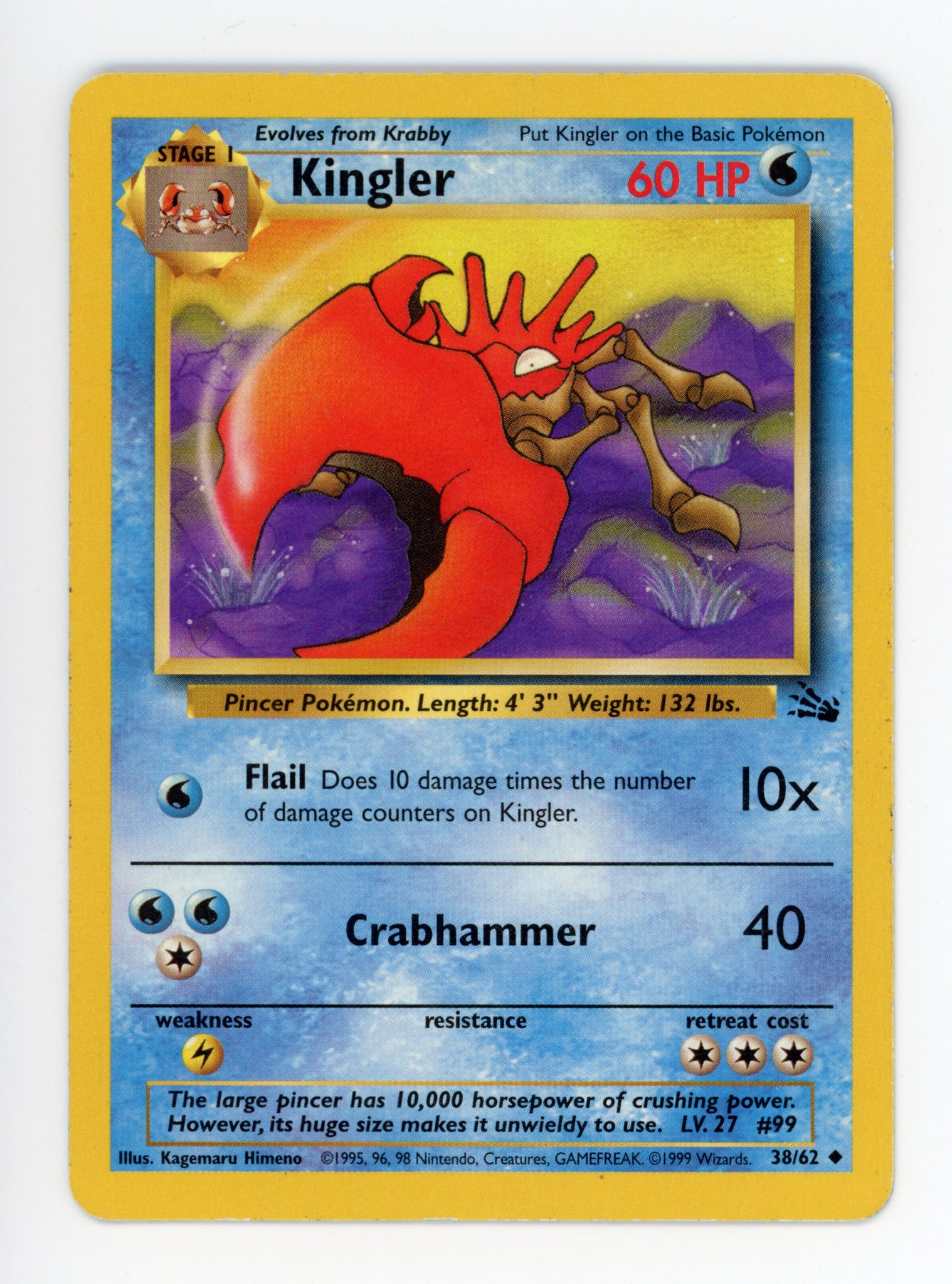 Kingler 38/62 Pokemon Non Holo 1999 Base Fossil