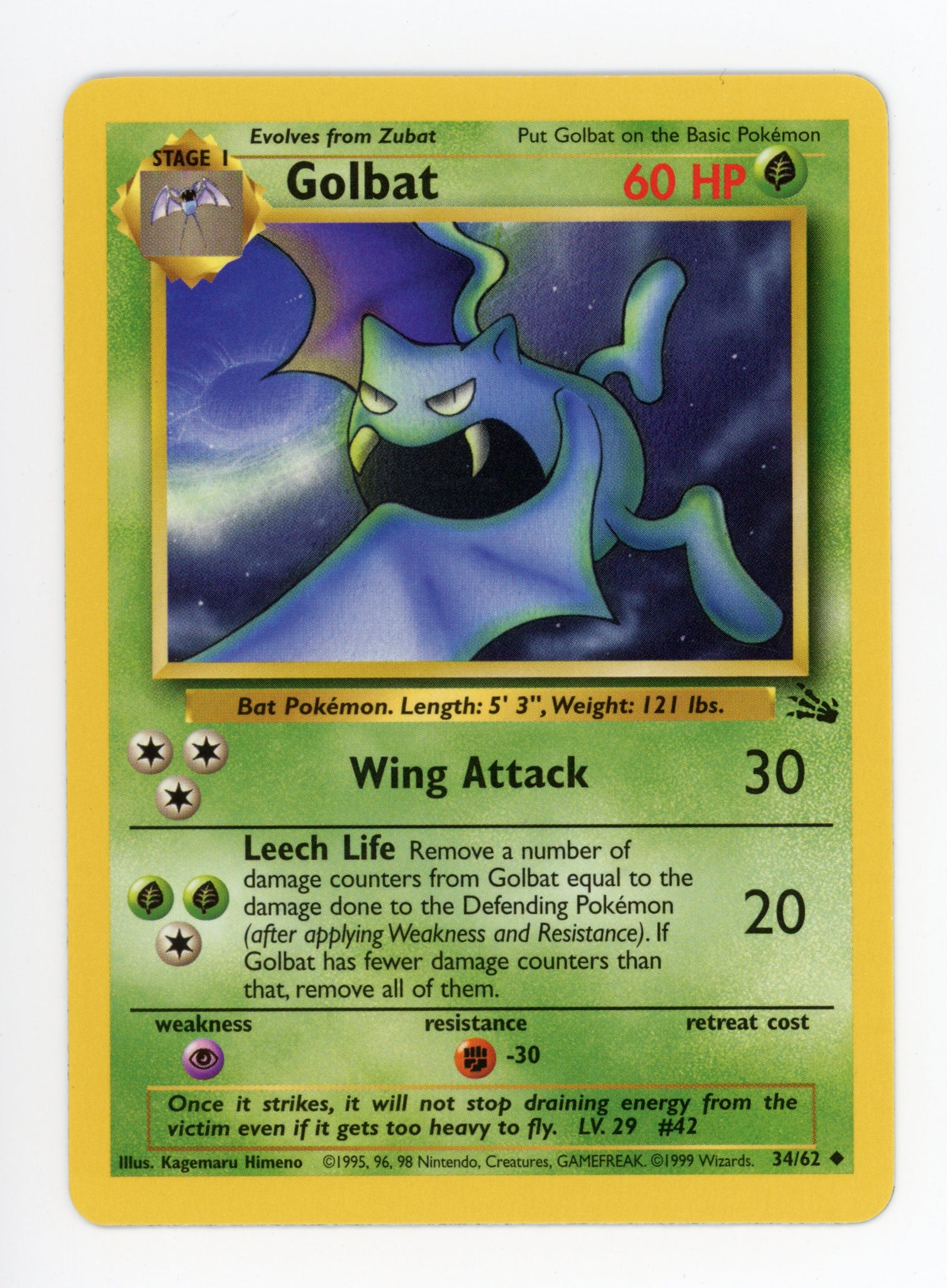 Golbat 34/62 Pokemon Non Holo 1999 Base Fossil