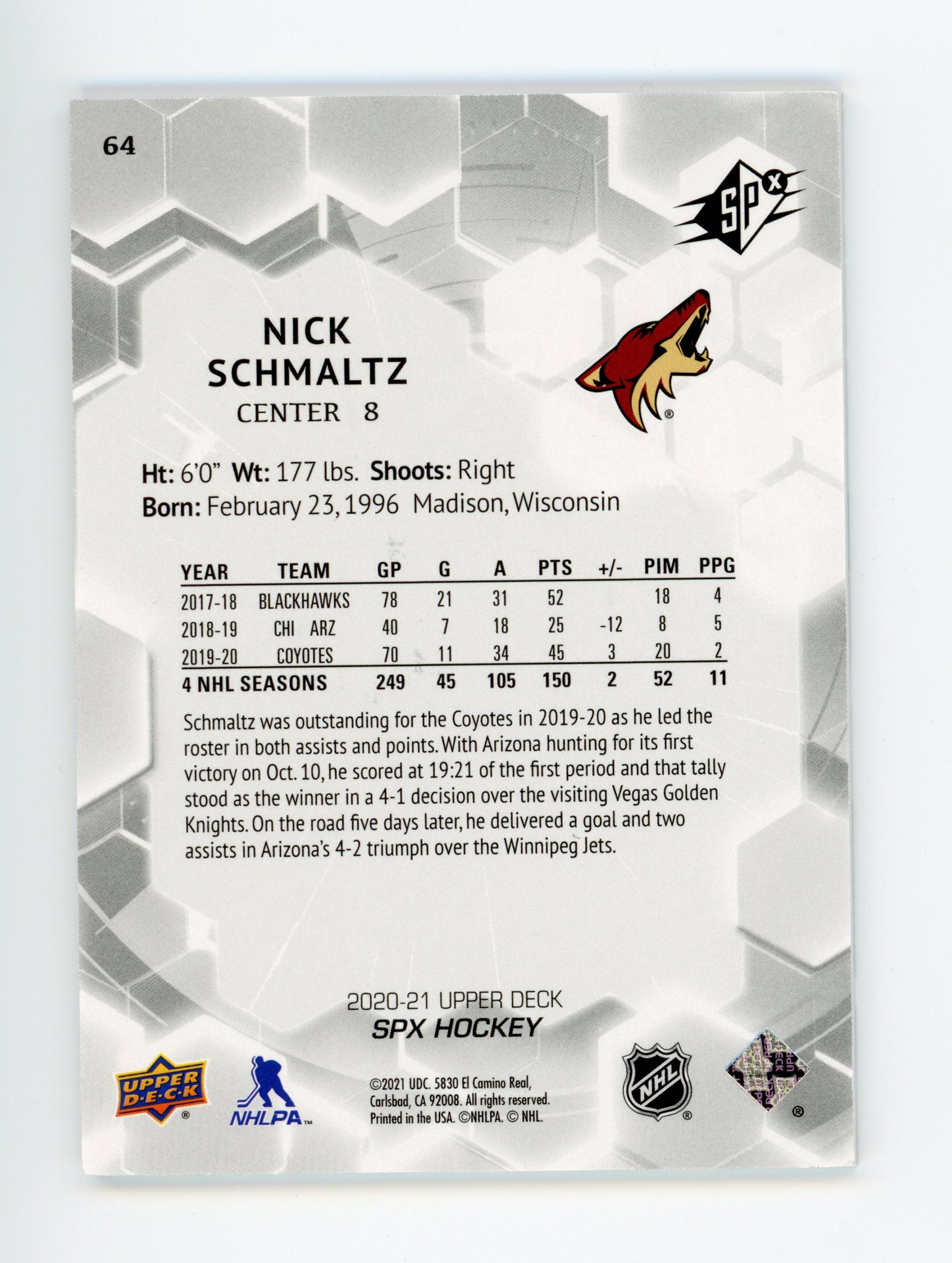 Nick Schmaltz SPX 2020-2021 #d /299 Arizona Coyotes #64