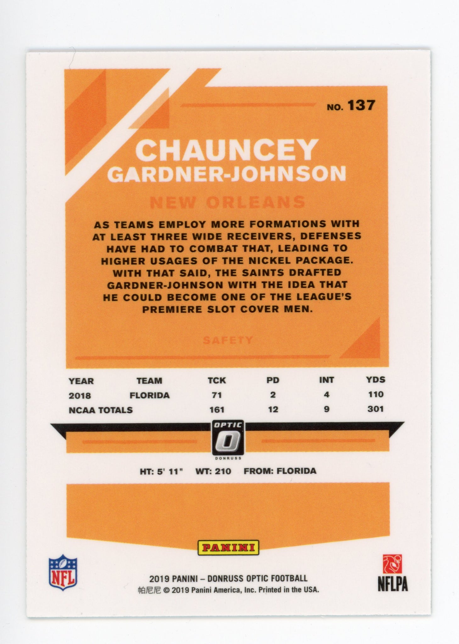 Chauncey Gardner-Johnson Panini 2019 Rookie New Orleans Saints #137