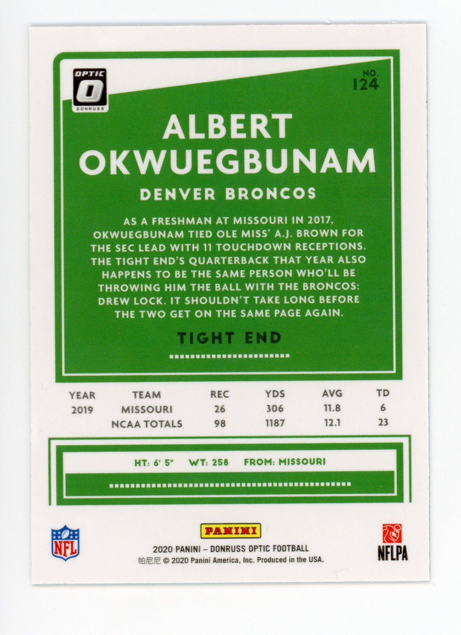Albert Okwuegbunam Panini 2020 Rookie Denver Broncos #124
