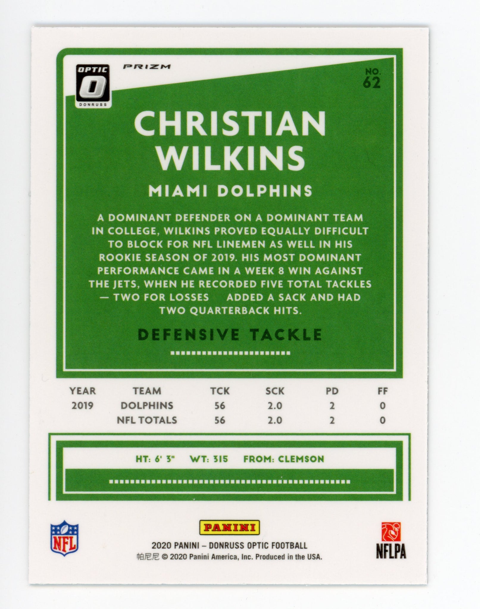 Christian Wilkins Panini 2020 Optic Prizm Miami Dolphins #62