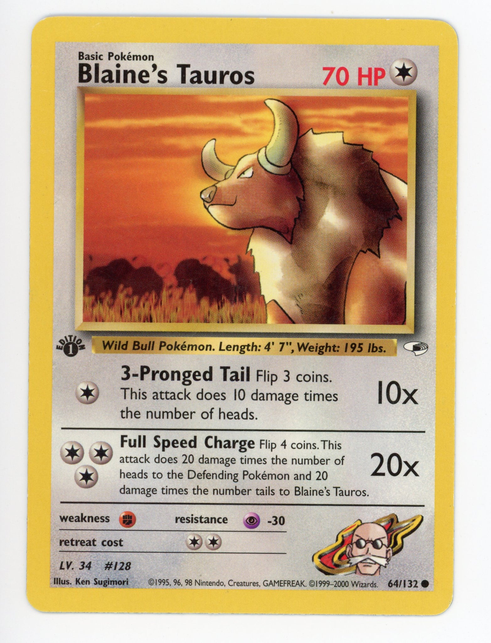 Blaine's Tauros 64/132 Pokemon Non Holo 2000 First Edition Gym Heroes