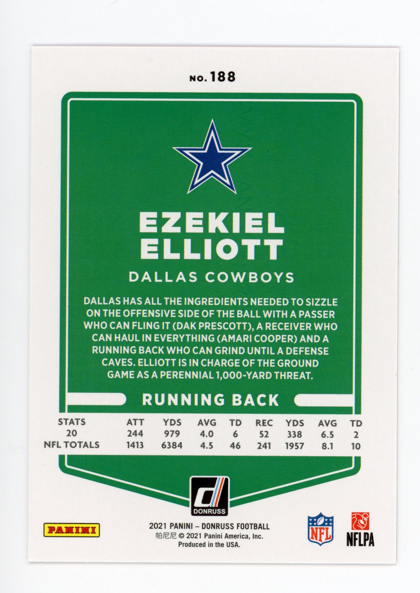 Ezekiel Elliot Panini 2020-2021 Press Proof Dallas Cowboys #188