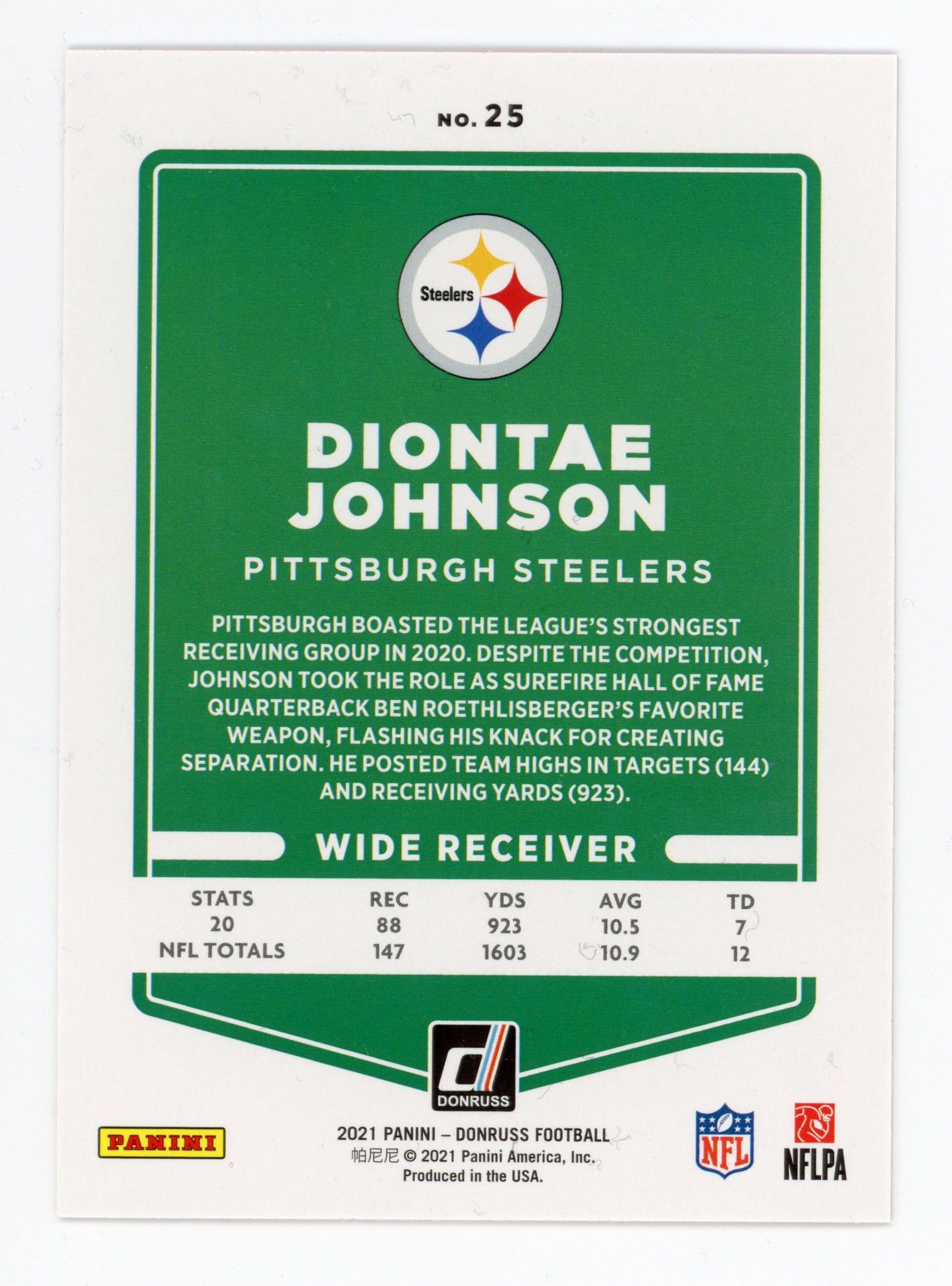 Diontae Johnson Panini 2020-2021 Press Proof Pittsburgh Steelers #25