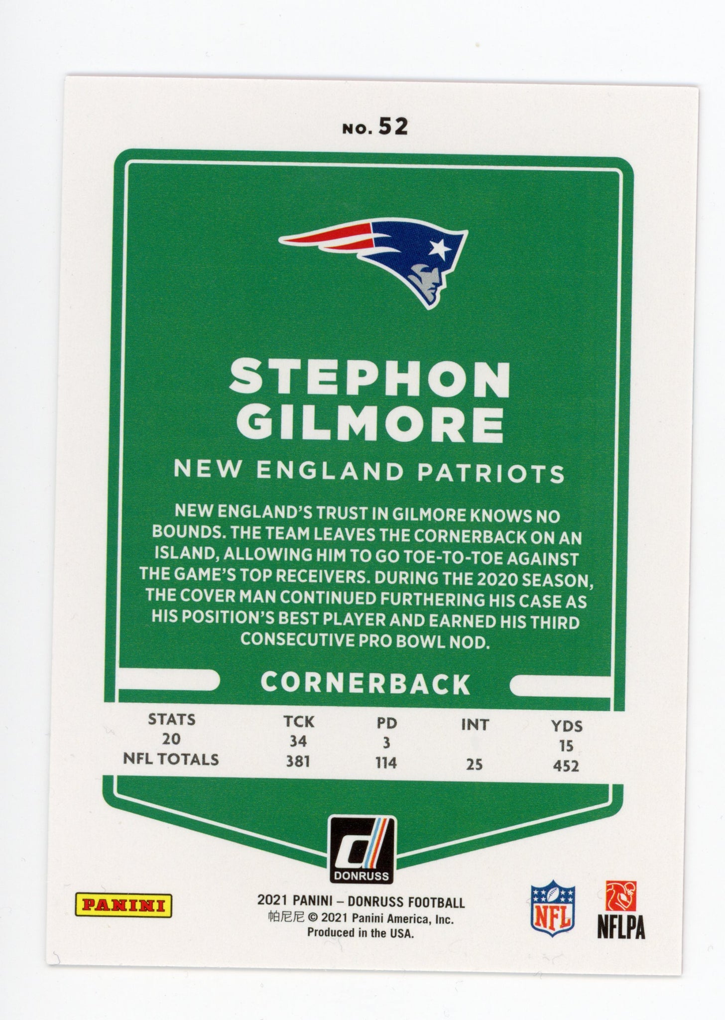 Stephon Gilmore Panini 2020-2021 Press Proof New England Patriots #52