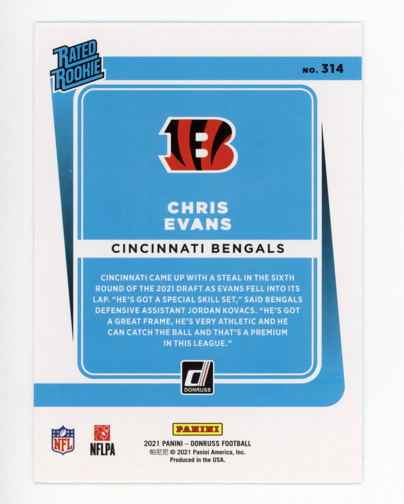 Chris Evans Panini 2020-2021 Rated Rookie Cincinnati Bengals #314