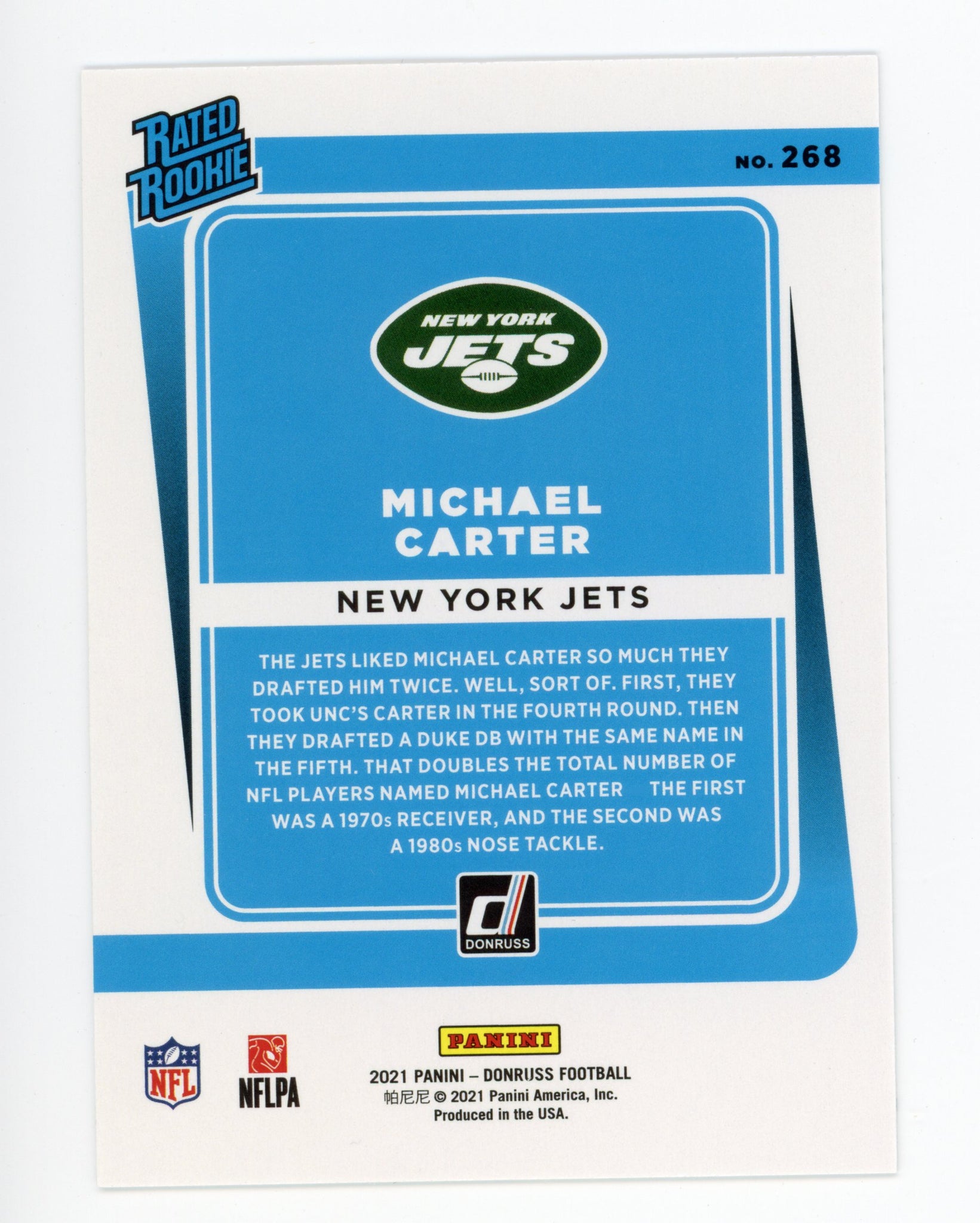 Michael Carter Panini 2020-2021 Rated Rookie New York Jets #268