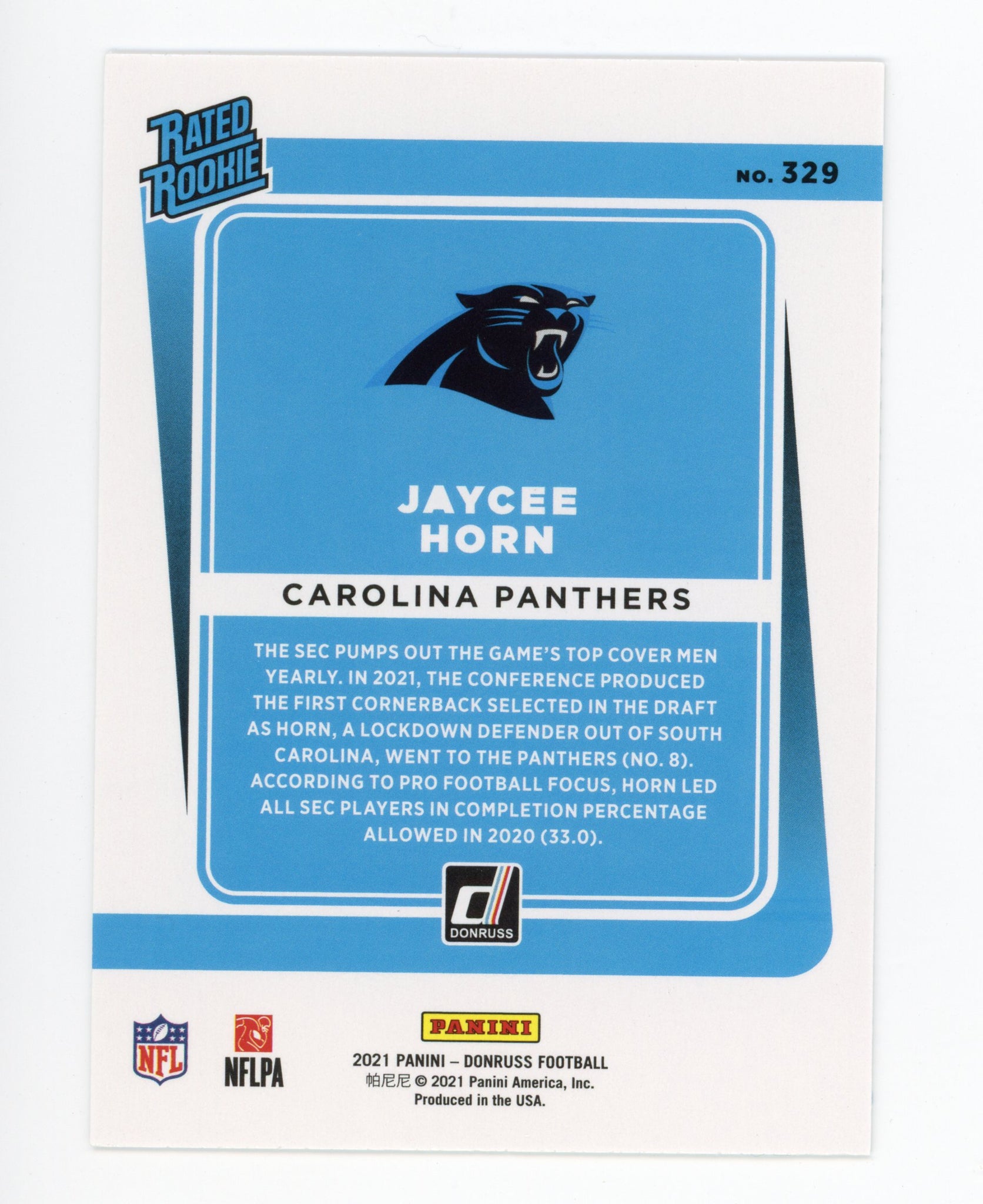 Jaycee Horn Panini 2020-2021 Rated Rookies Carolina Panthers #329