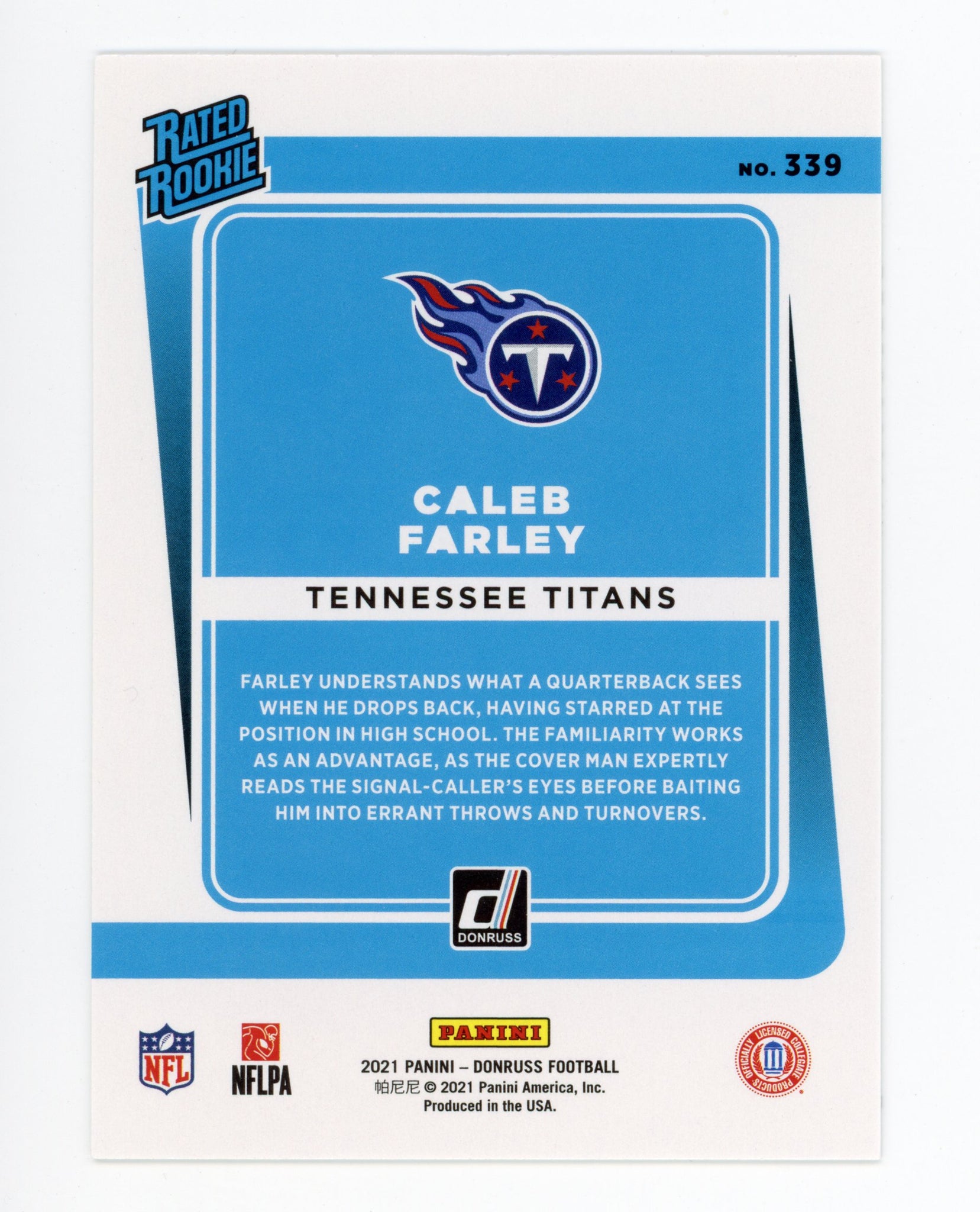 Caleb Farley Panini 2020-2021 Rated Rookie Tennessee Titans #339